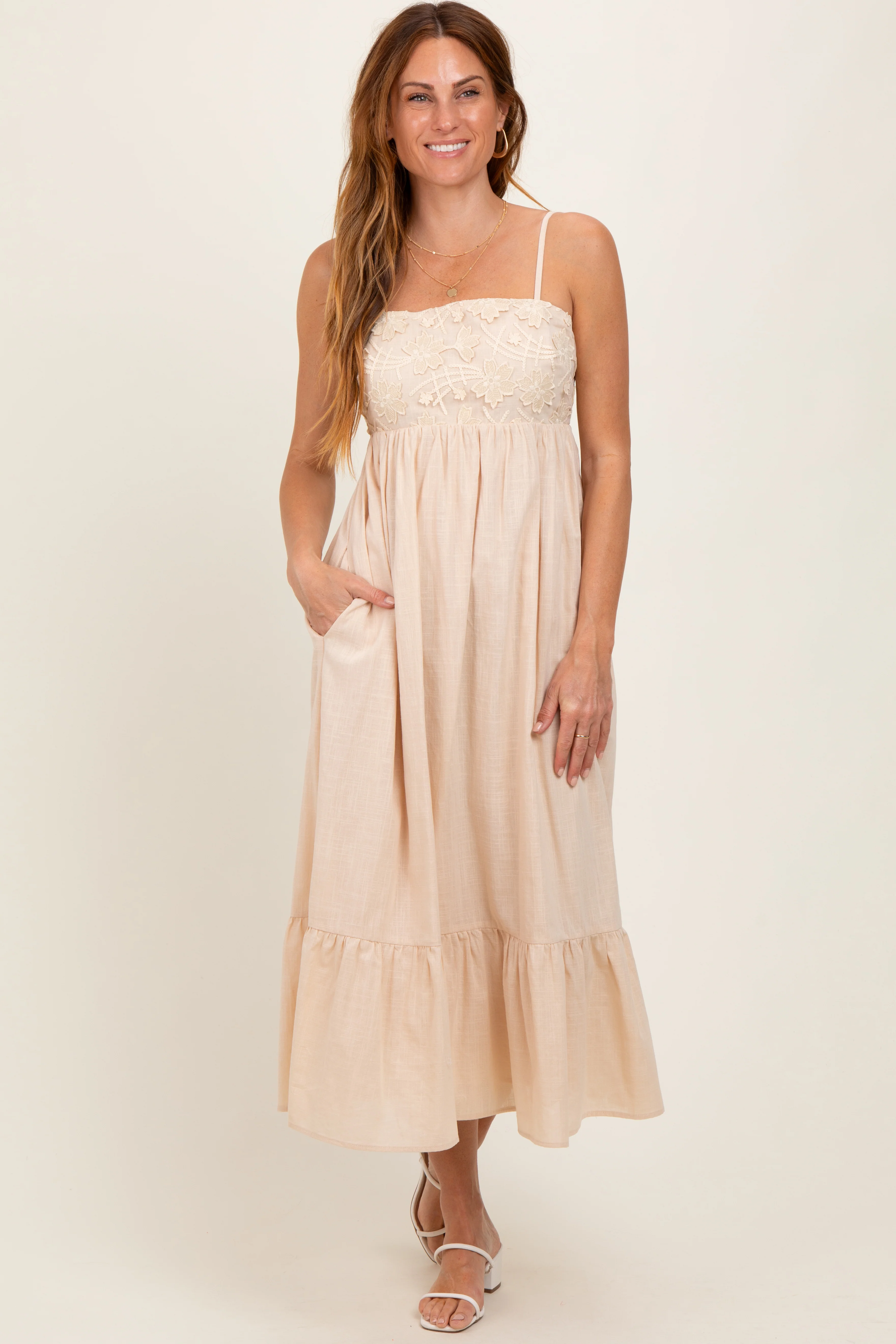 Beige Floral Embroidery Back Ribbon Maternity Midi Dress - Image 5