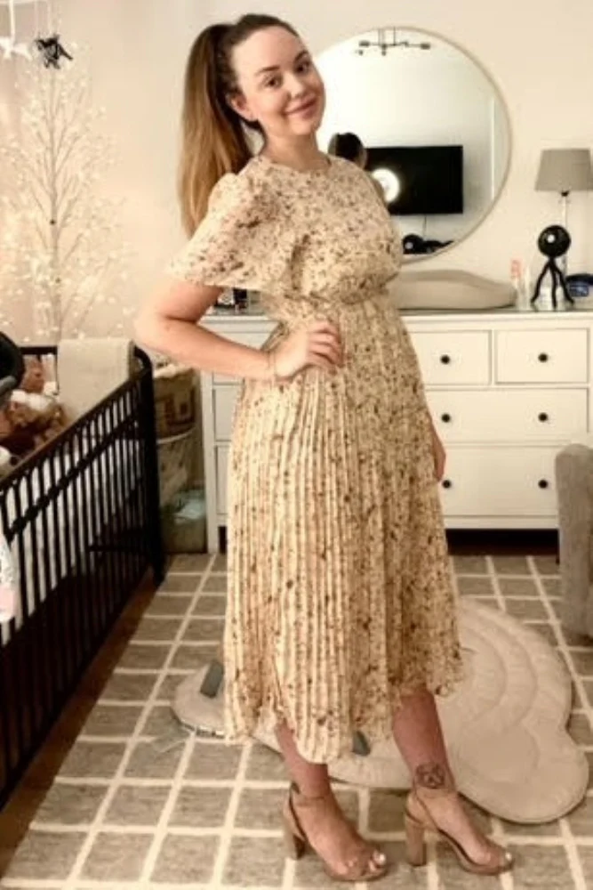 Beige Floral Pleated Chiffon Midi Dress - Image 9
