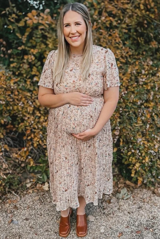Beige Floral Pleated Short Sleeve Chiffon Maternity Midi Dress - Image 14