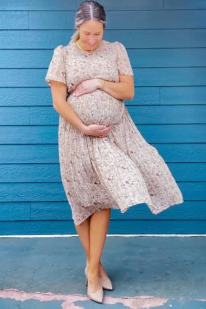 Beige Floral Pleated Short Sleeve Chiffon Maternity Midi Dress - Image 25