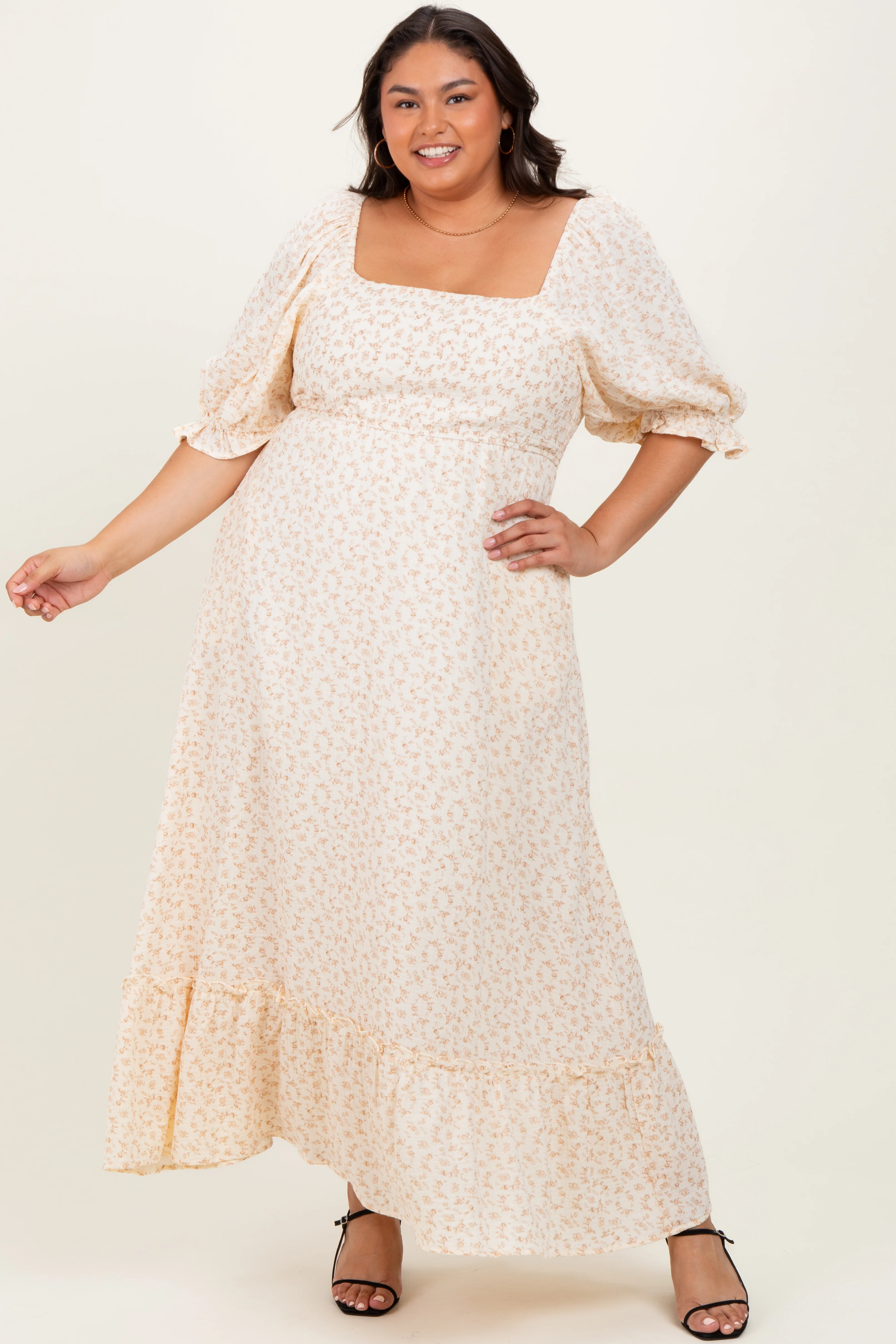 Beige Floral Print Square Neckline Plus Maxi Dress - Image 2