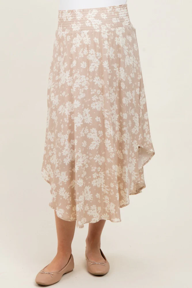 Beige Floral Smocked Waist Round Hem Maternity Maxi Skirt - Image 3