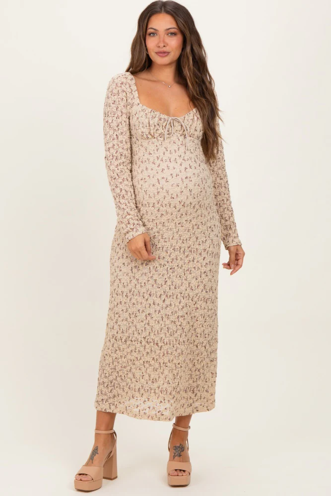 Beige Floral Sweetheart Neckline Long Sleeve Maternity Maxi Dress - Image 3