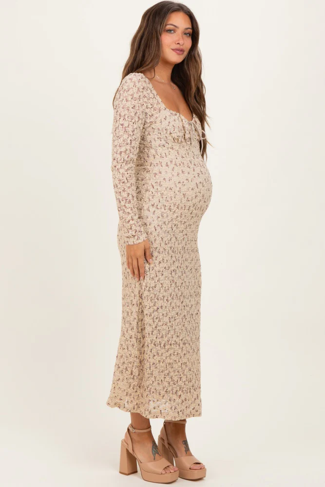 Beige Floral Sweetheart Neckline Long Sleeve Maternity Maxi Dress - Image 4