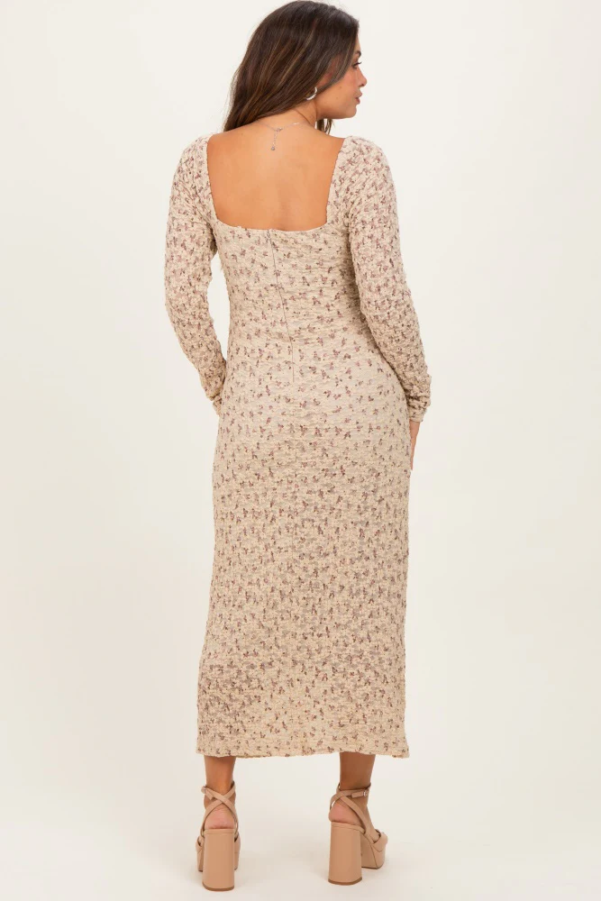 Beige Floral Sweetheart Neckline Long Sleeve Maternity Maxi Dress - Image 5