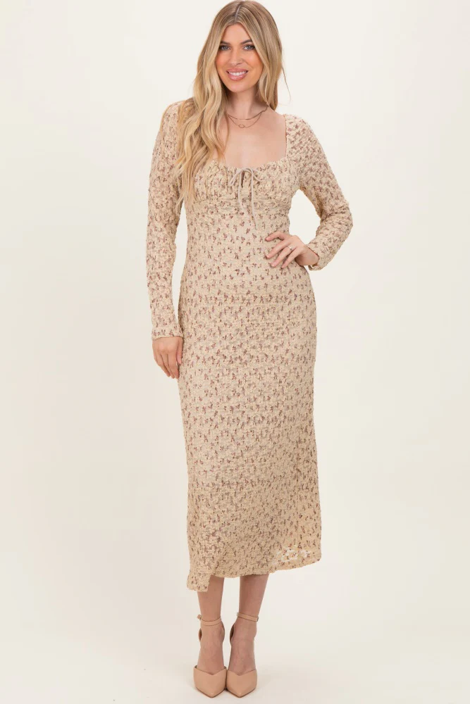 Beige Floral Sweetheart Neckline Long Sleeve Maternity Maxi Dress - Image 6
