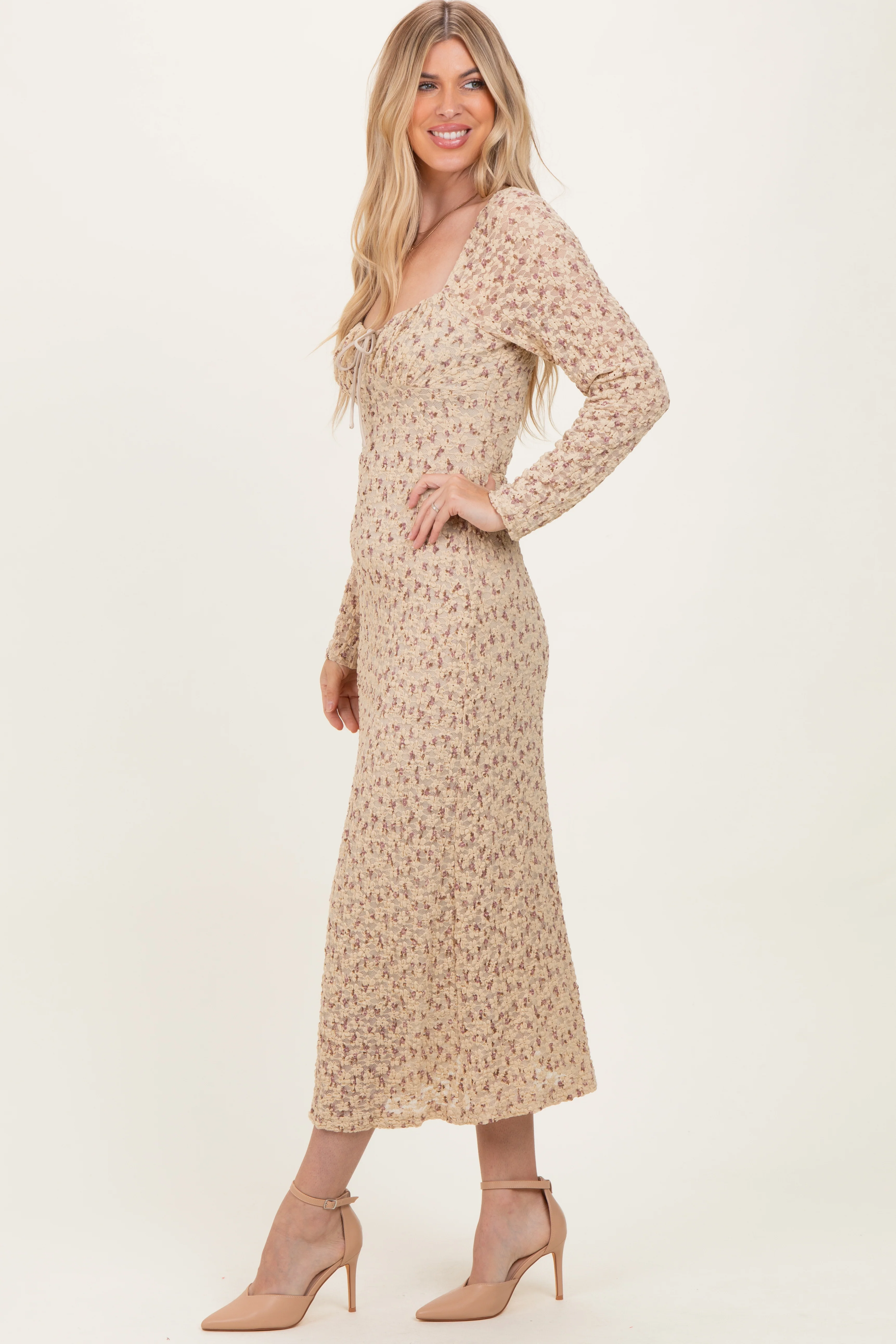 Beige Floral Sweetheart Neckline Long Sleeve Maxi Dress - Image 3