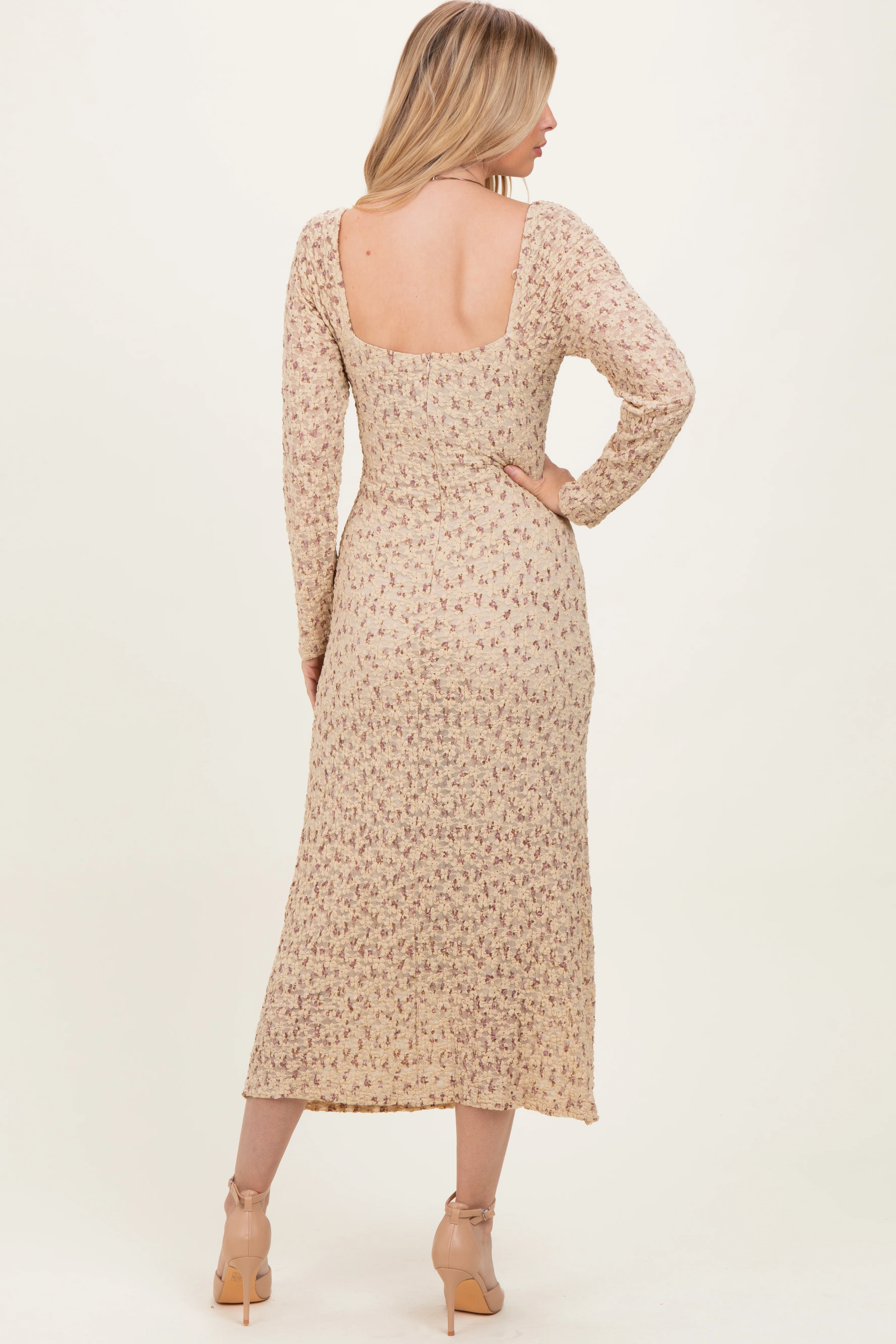 Beige Floral Sweetheart Neckline Long Sleeve Maxi Dress - Image 4