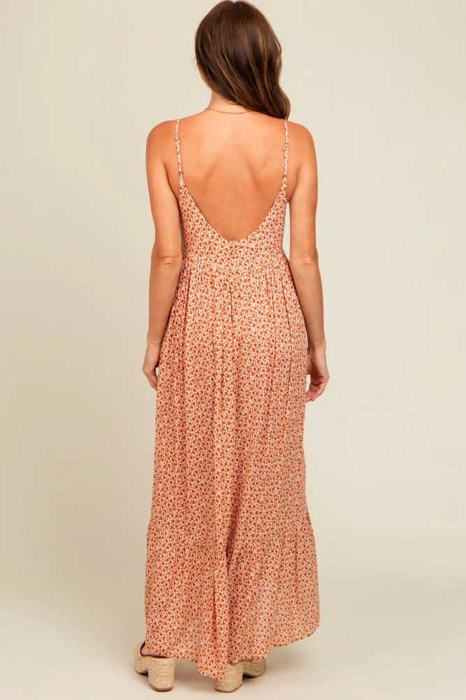 Beige Floral Tie Front Maxi Dress - Image 4