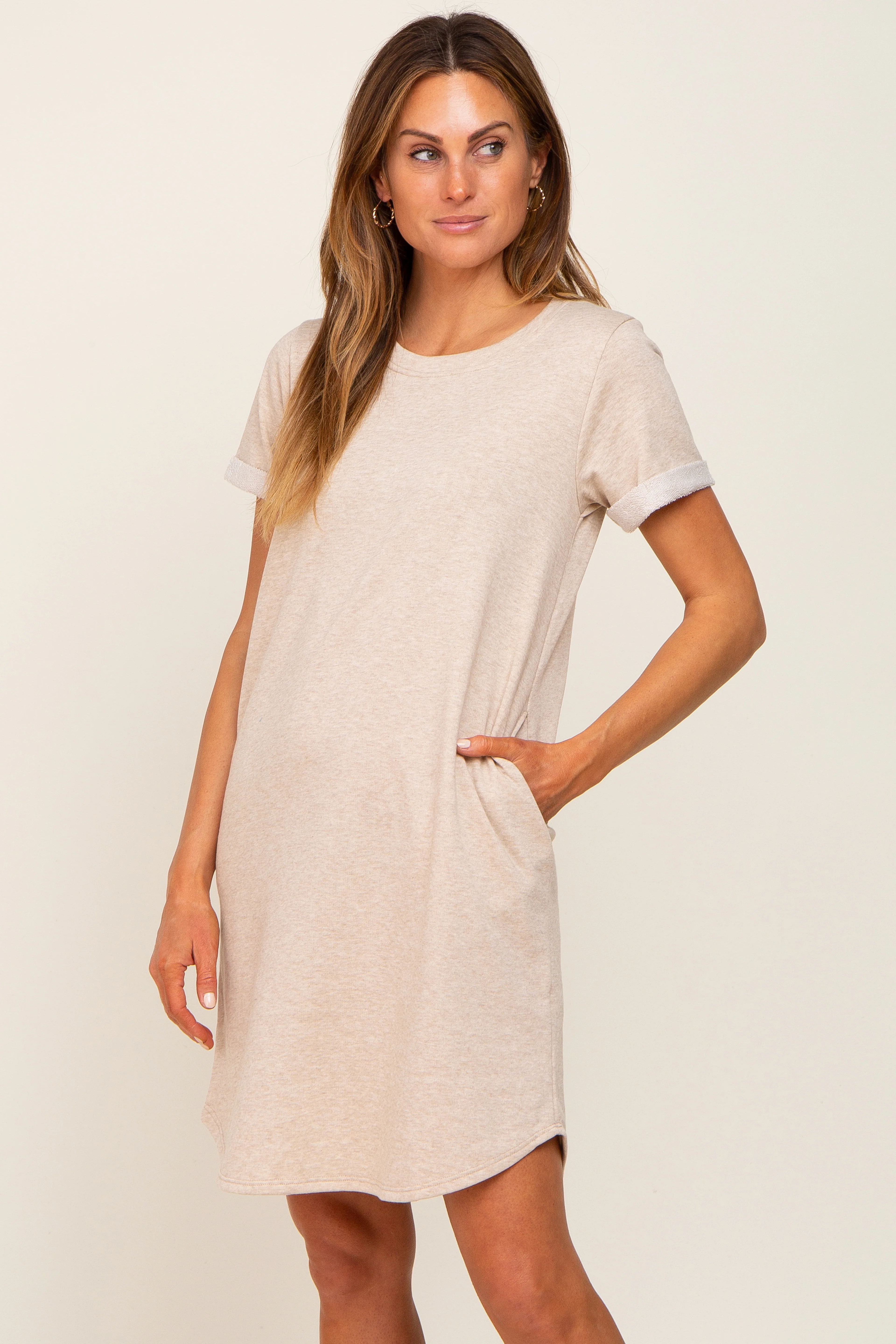 Beige French Terry Cuffed Short Sleeve Maternity Dress - Image 5
