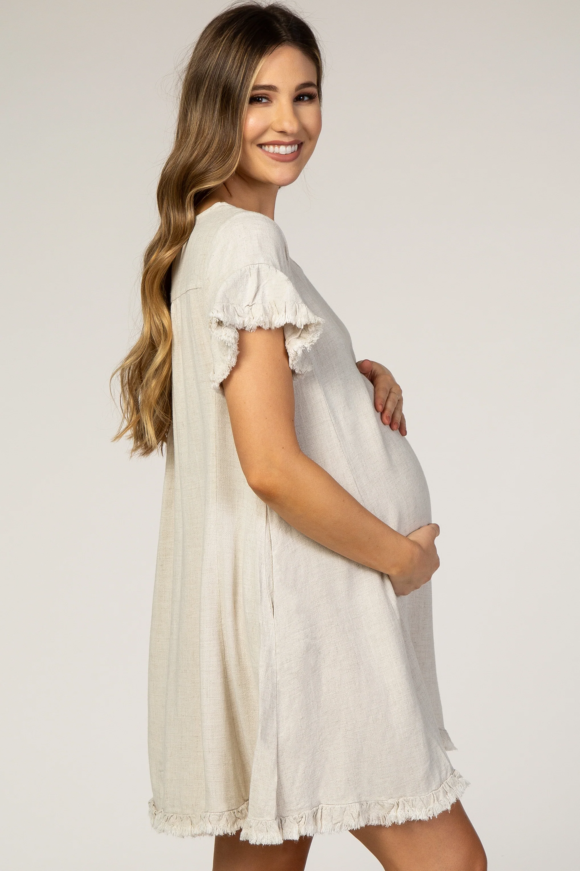 Beige Fringe Linen Maternity Dress - Image 3