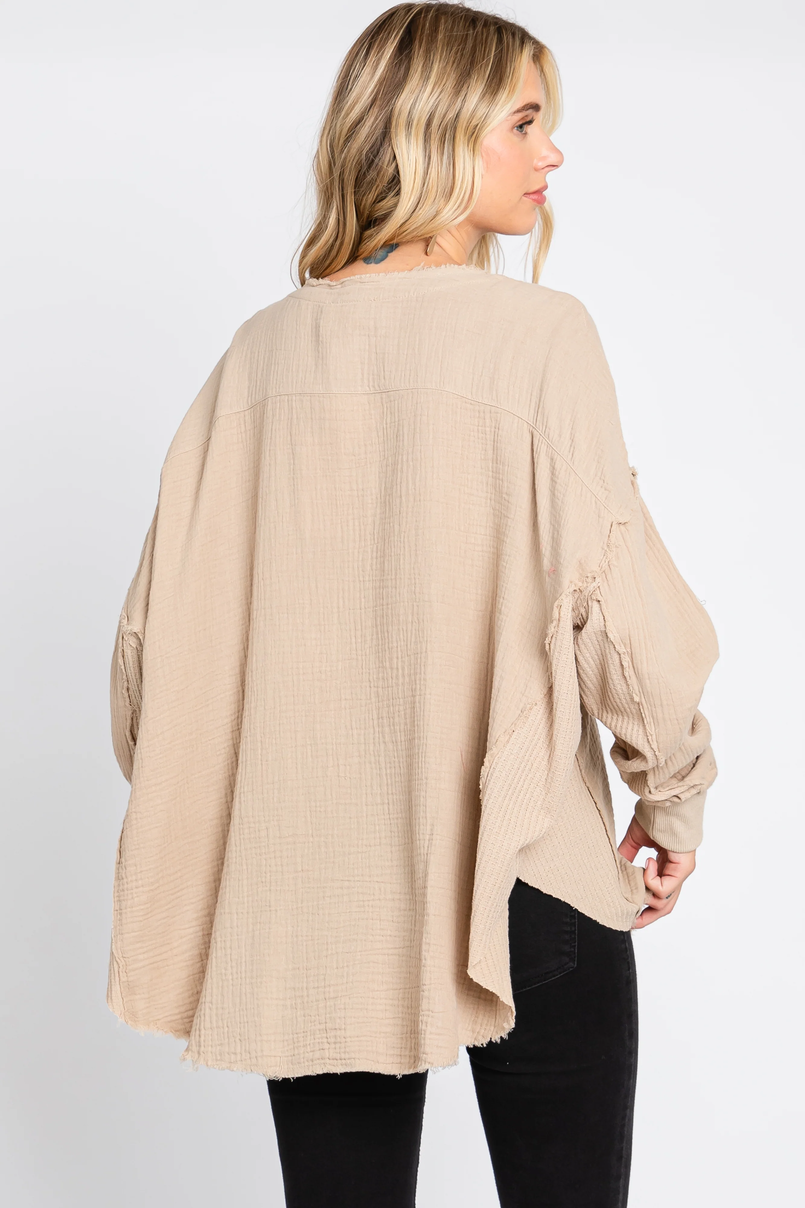 Beige Front Button Drop Shoulder Long Sleeve Top - Image 3