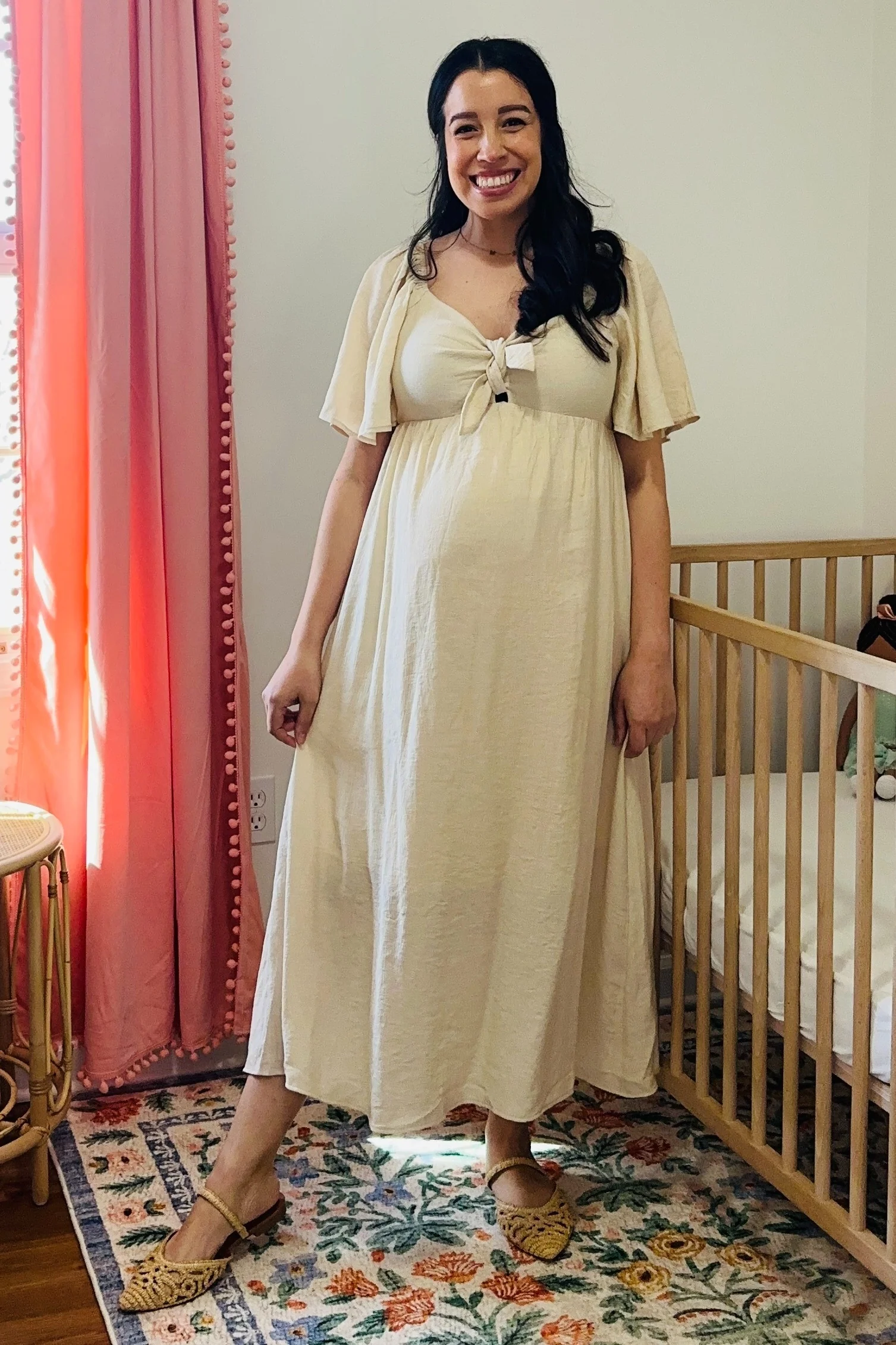 Beige Front Tie Ruffle Sleeve Maternity Midi Dress - Image 14