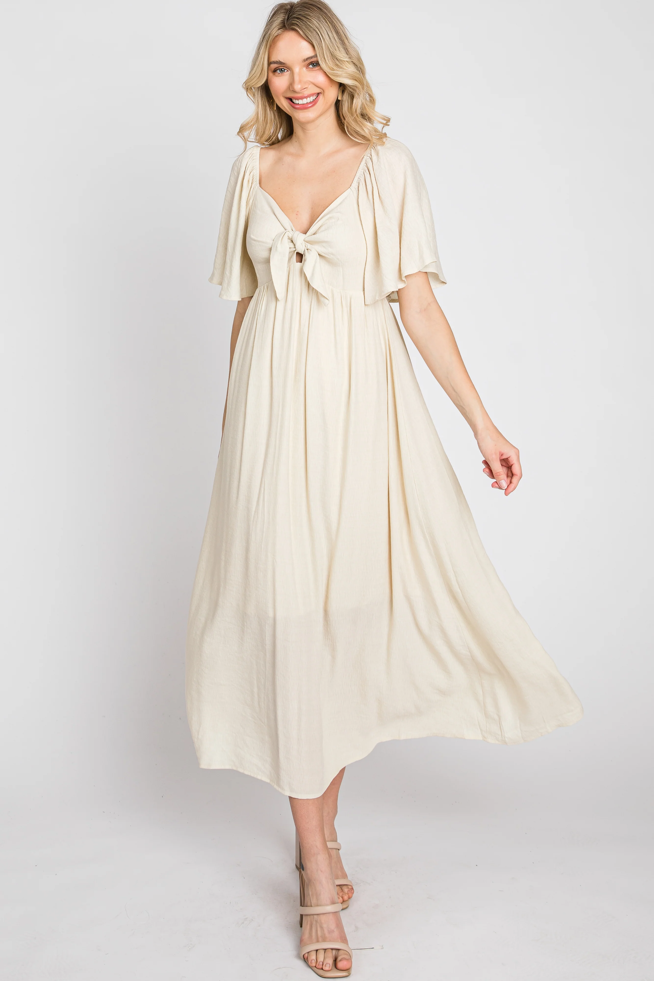 Beige Front Tie Ruffle Sleeve Maternity Midi Dress - Image 16