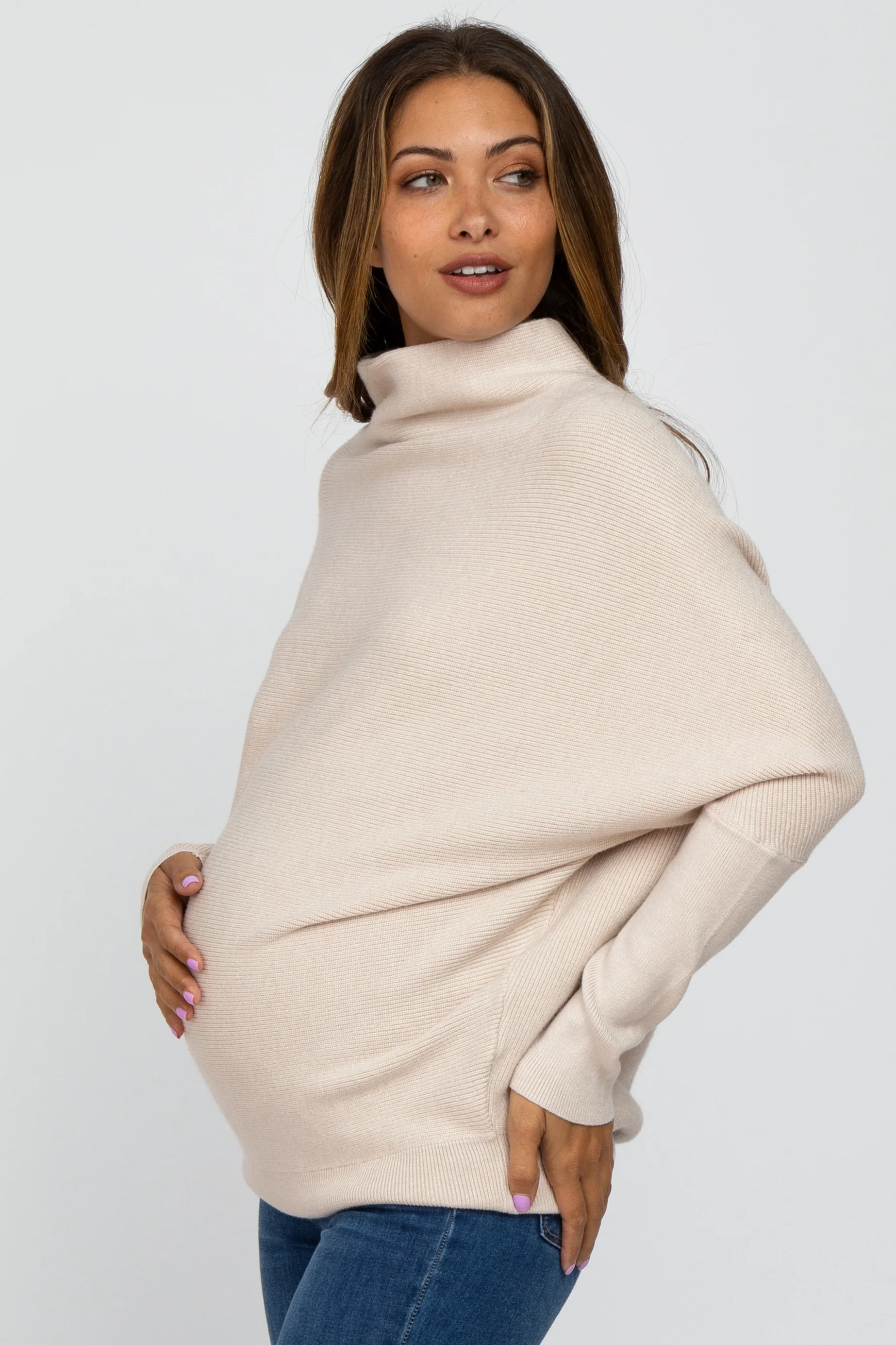 Beige Funnel Neck Dolman Sleeve Maternity Sweater - Image 3