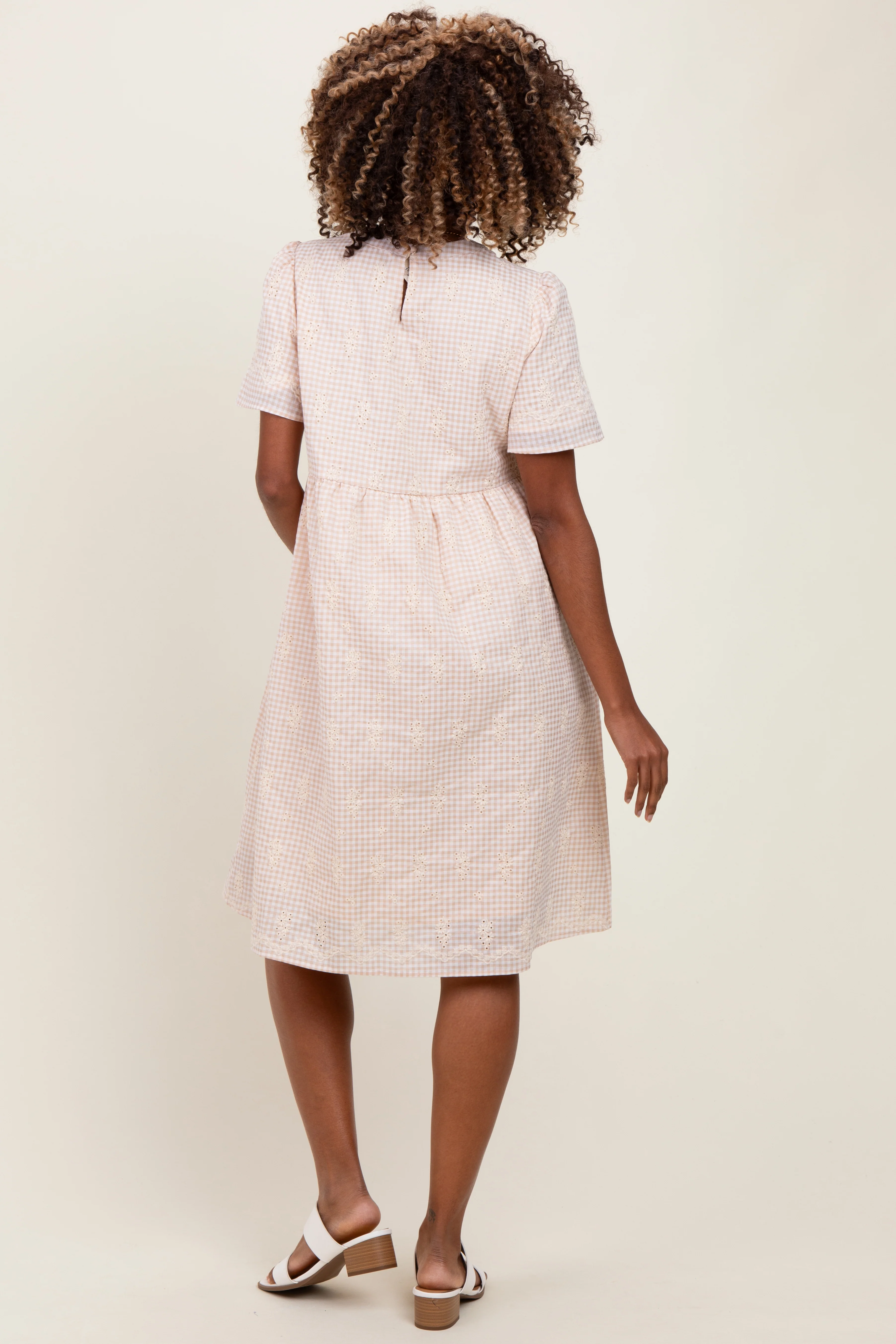 Beige Gingham Short Sleeve Maternity Dress - Image 2