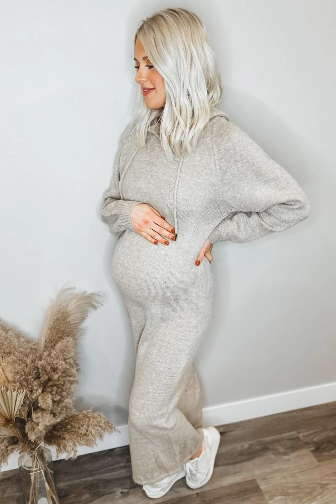 Beige Hooded Maternity Sweater Midi Dress - Image 8