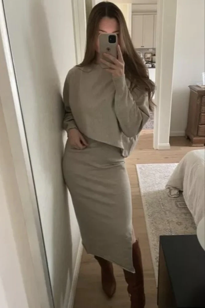 Beige Knit Long Sleeve Crop Top Midi Skirt Set - Image 5