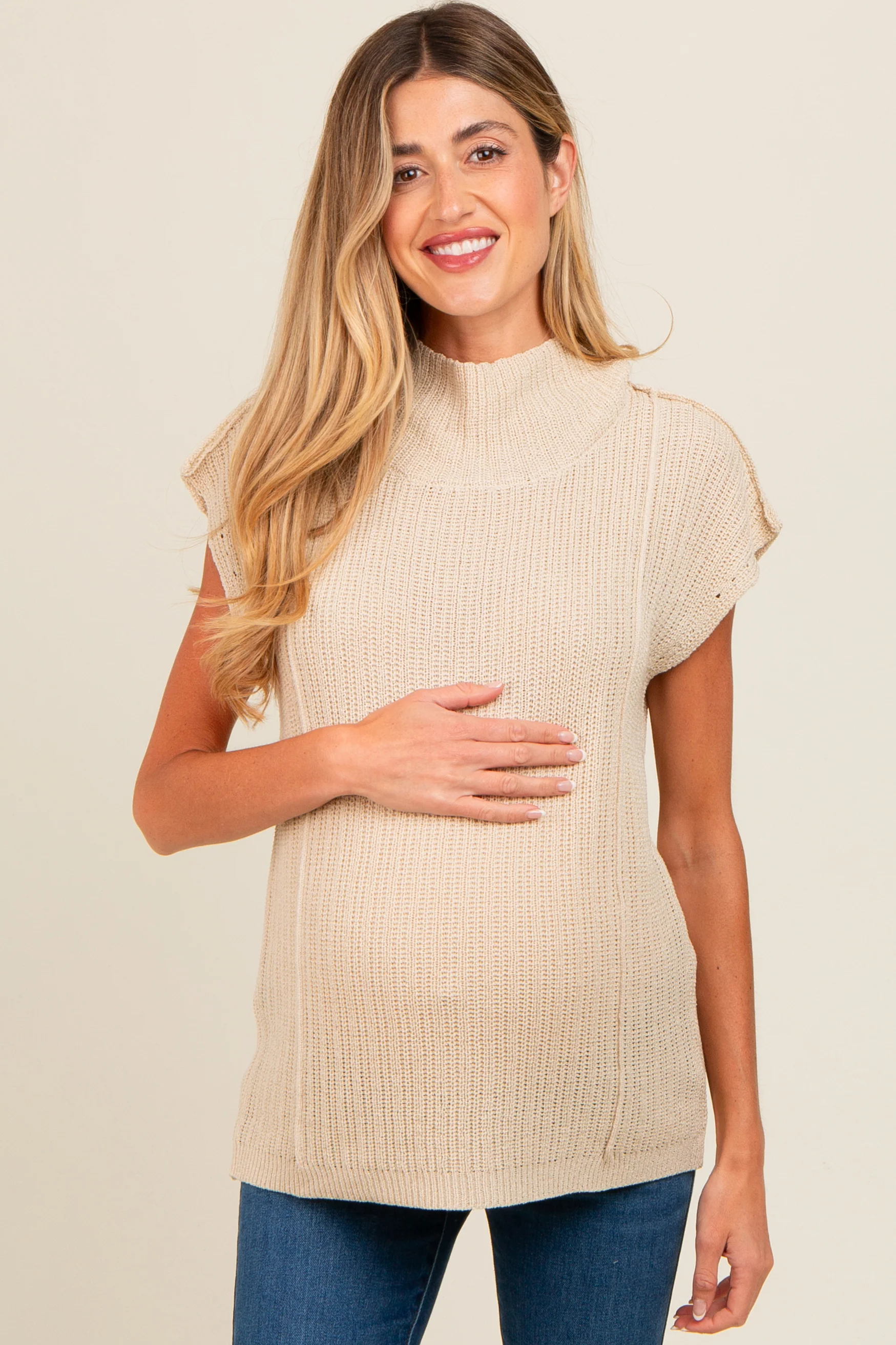 Beige Knit Maternity Tunic Sweater Top - Image 2