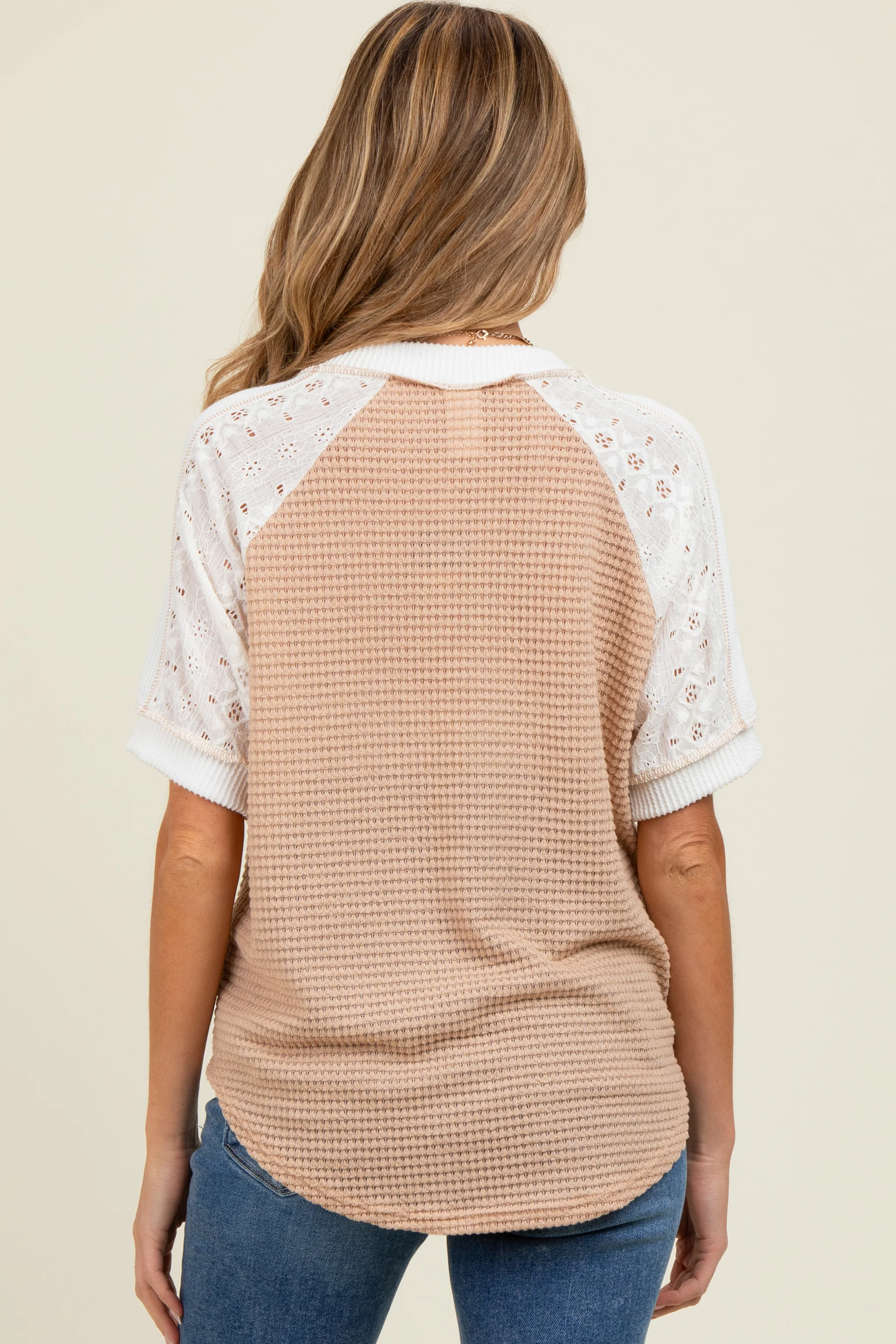 Beige Lace Inset V-Neck Short Sleeve Maternity Top - Image 3
