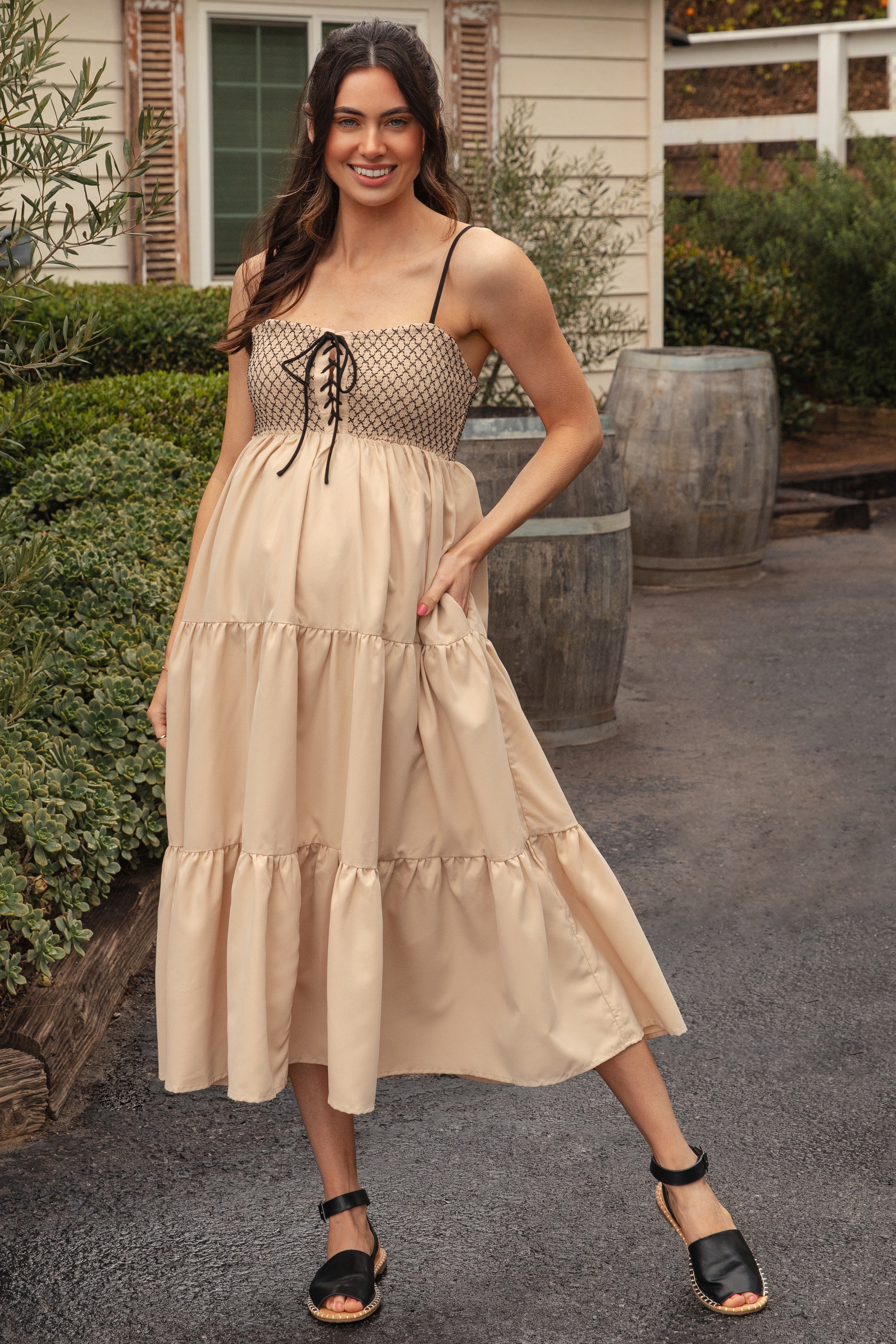 Beige Lace Up Smocked Bodice Tiered Maternity Midi Dress - Image 3