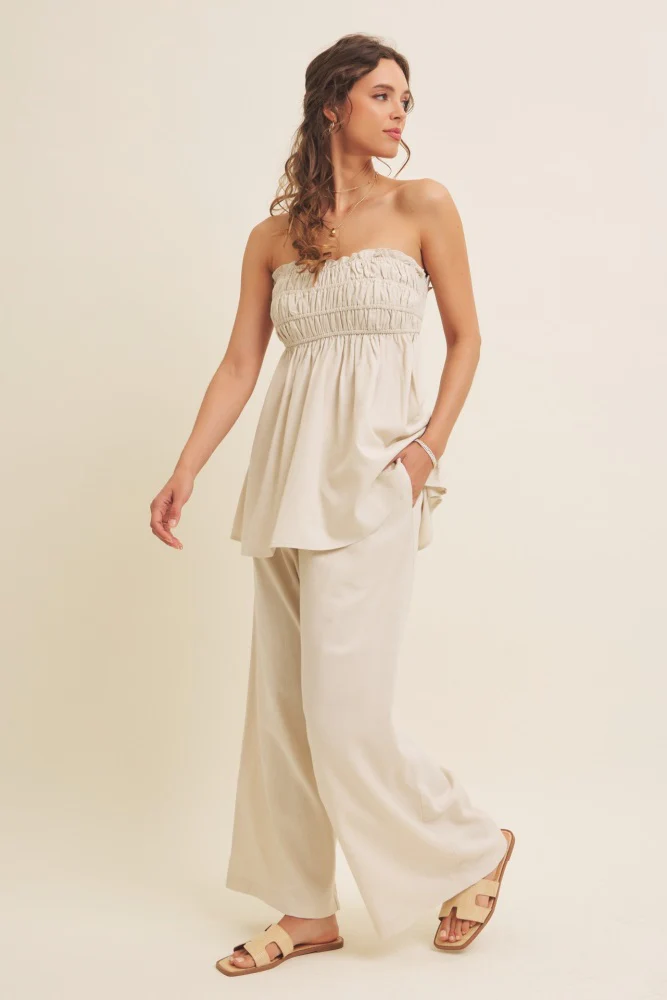 Beige Linen Ruched Strapless Tube Tunic Top - Image 5