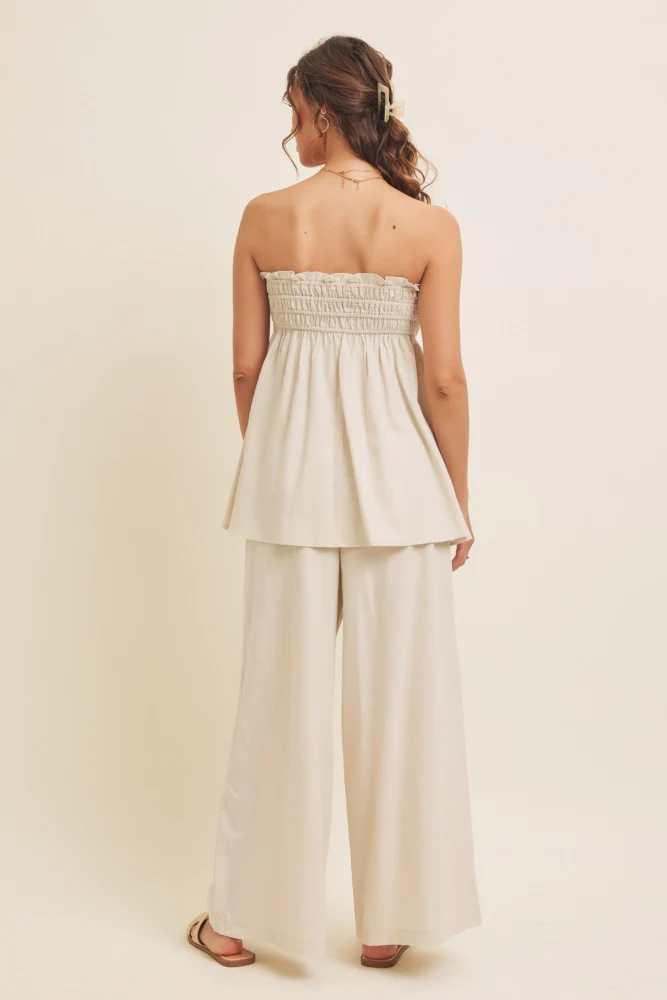 Beige Linen Ruched Strapless Tube Tunic Top - Image 6