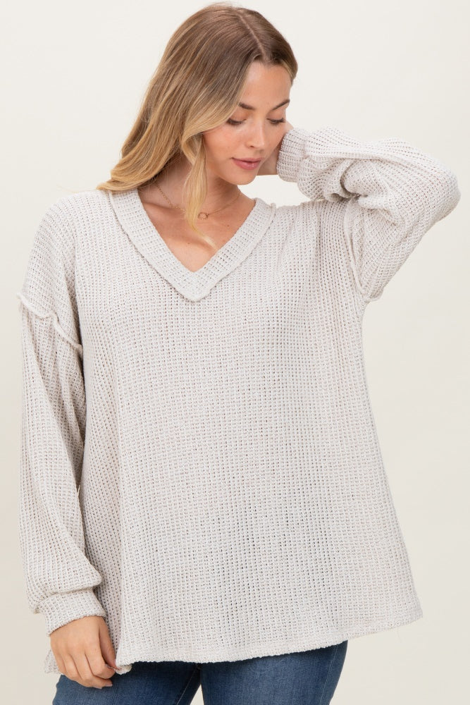 Beige Long Puff Sleeve Solid Oversized Top - Image 2