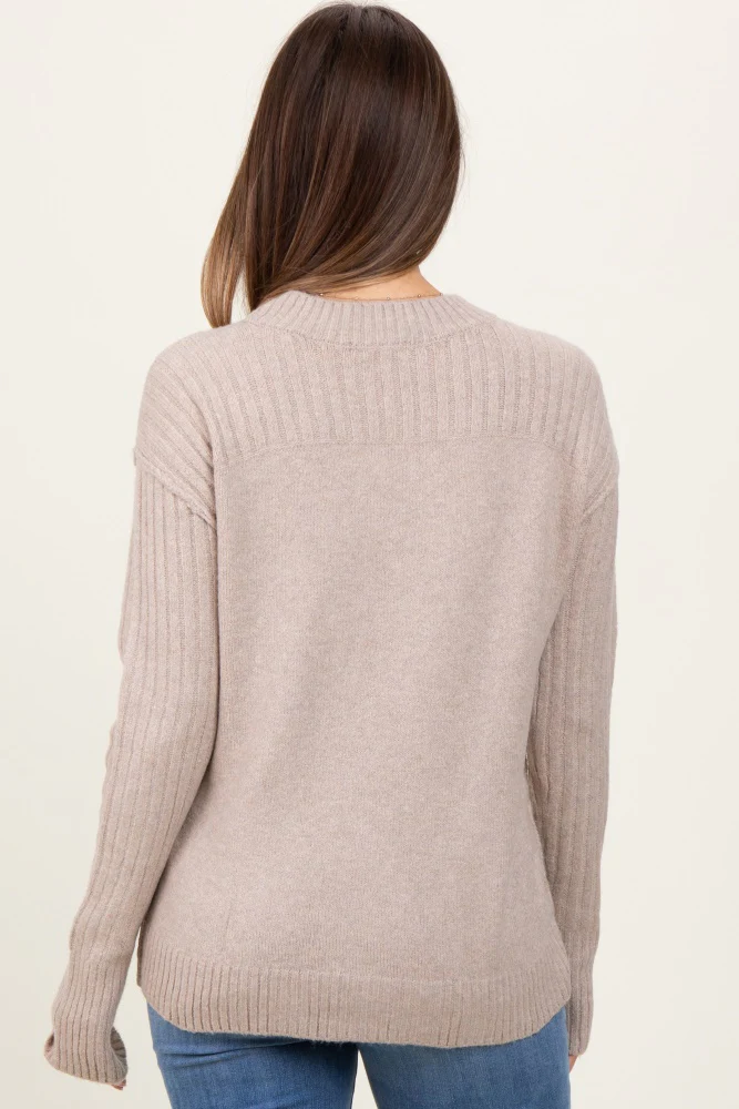 Beige Long Sleeve Raised Seam Maternity Sweater - Image 4