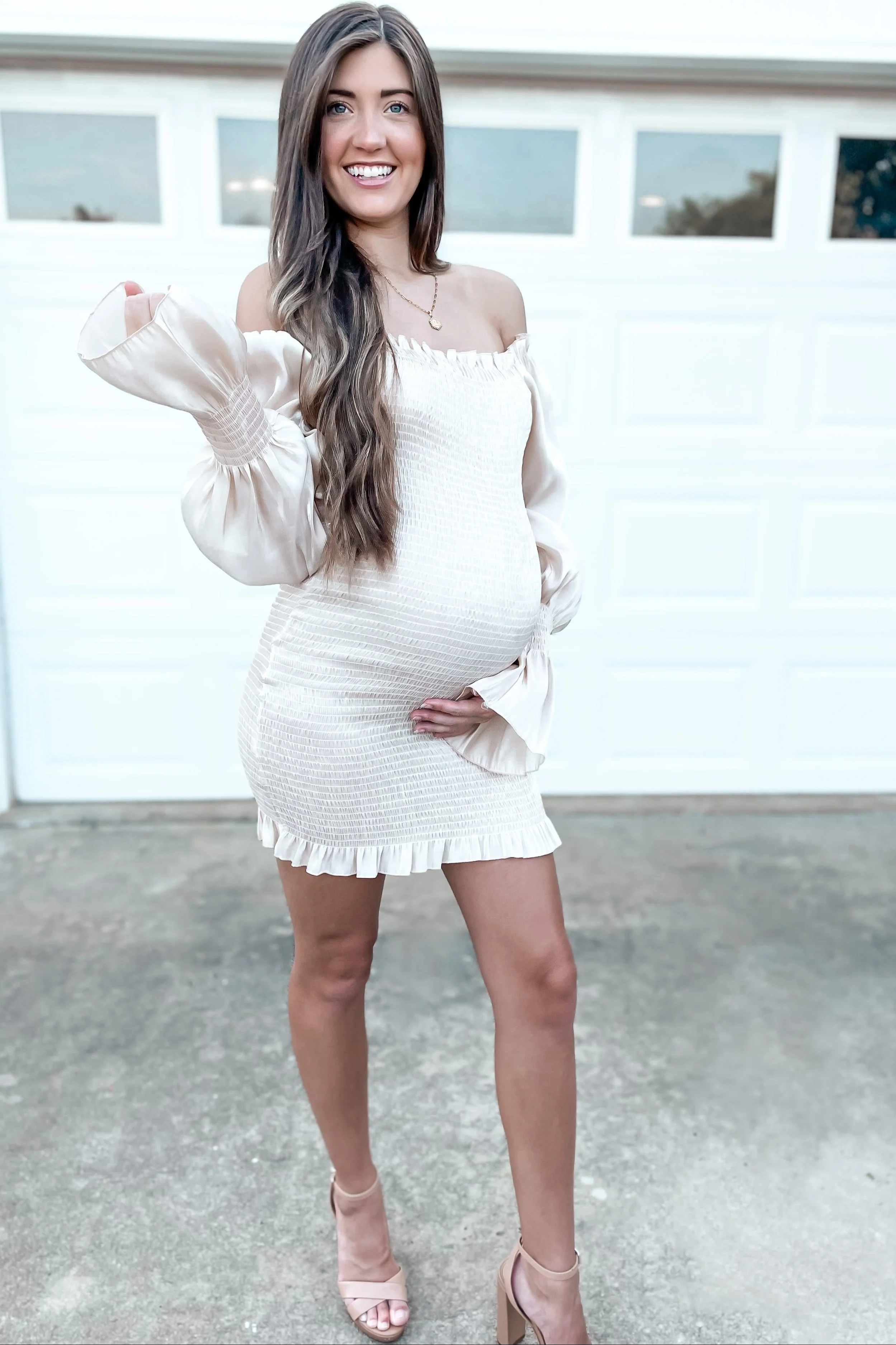 Beige Metallic Smocked Ruffle Accent Maternity Fitted Dress - Image 3