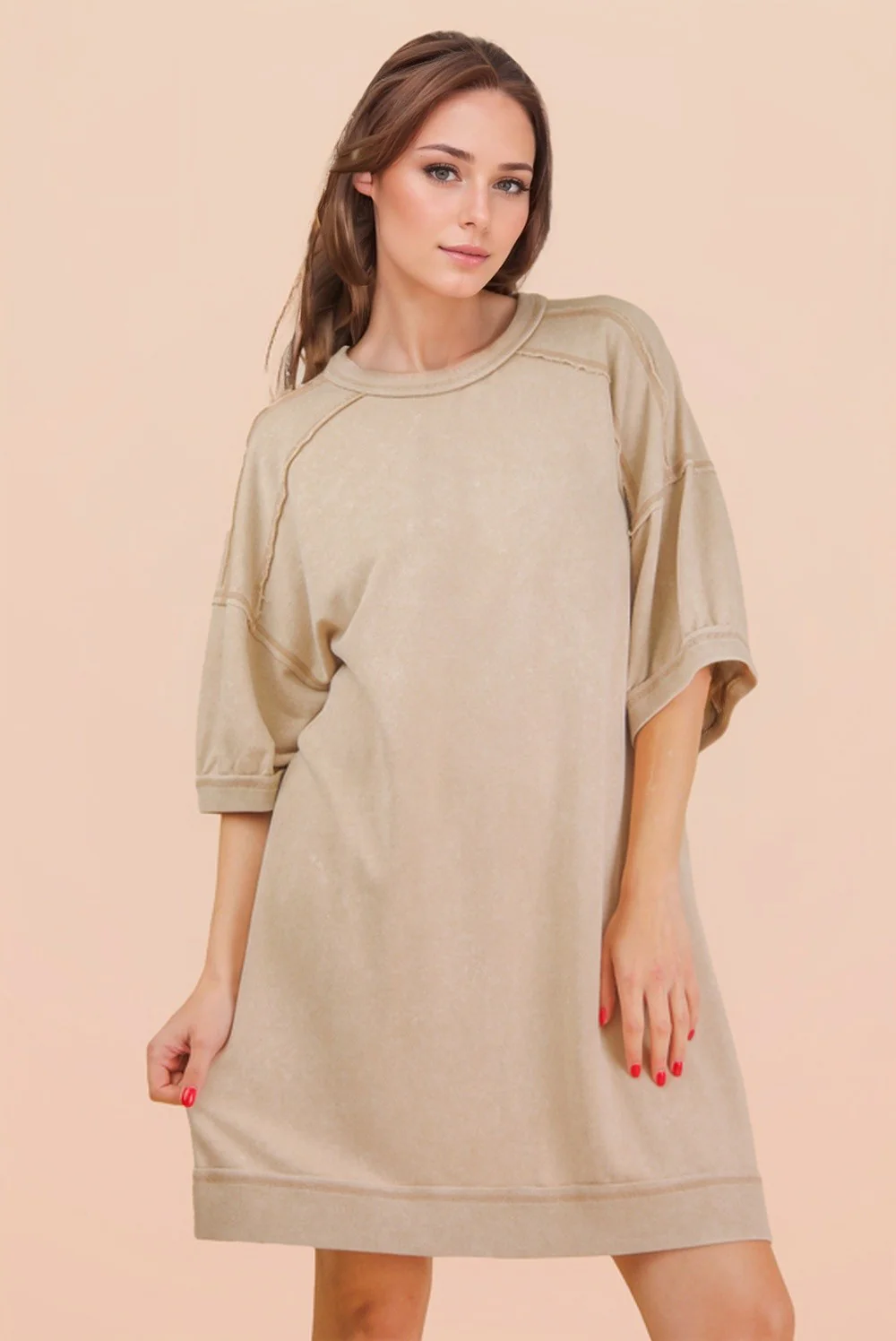 Beige Mineral Wash French Terry Knit T-Shirt Dress - Image 3