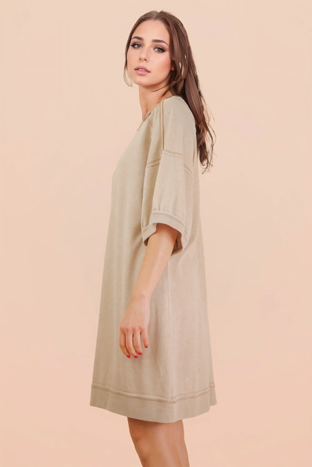 Beige Mineral Wash French Terry Knit T-Shirt Dress - Image 4