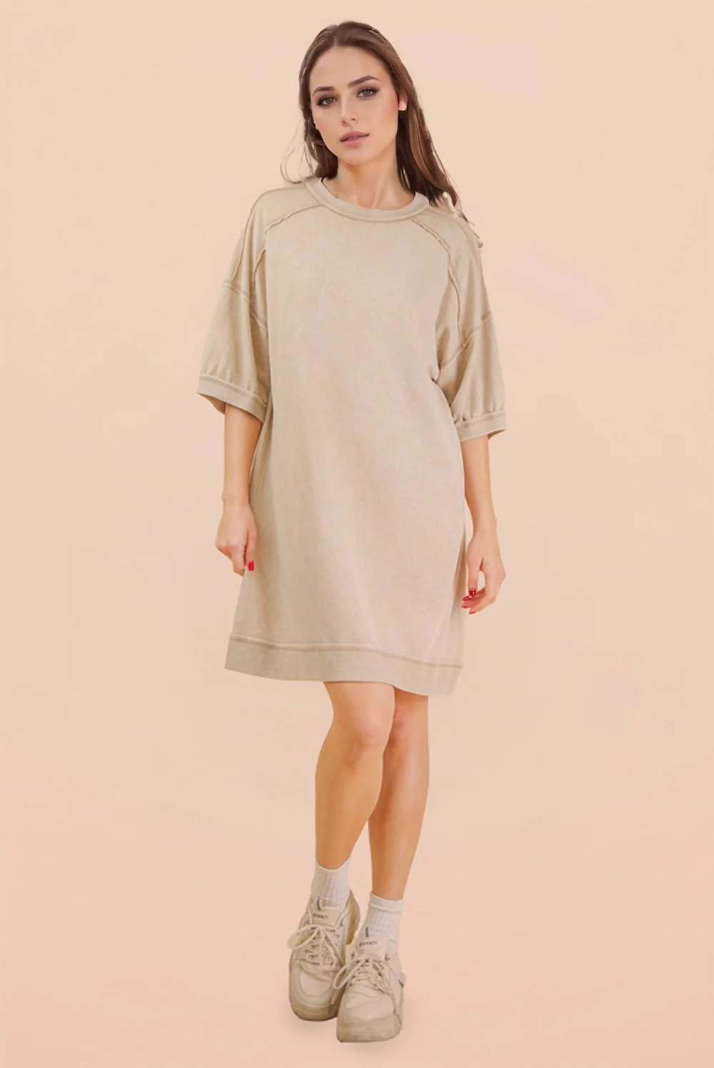 Beige Mineral Wash French Terry Knit T-Shirt Dress - Image 6