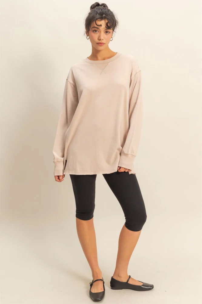 Beige Mineral Washed Drop Shoulder Long Sleeve Top - Image 5