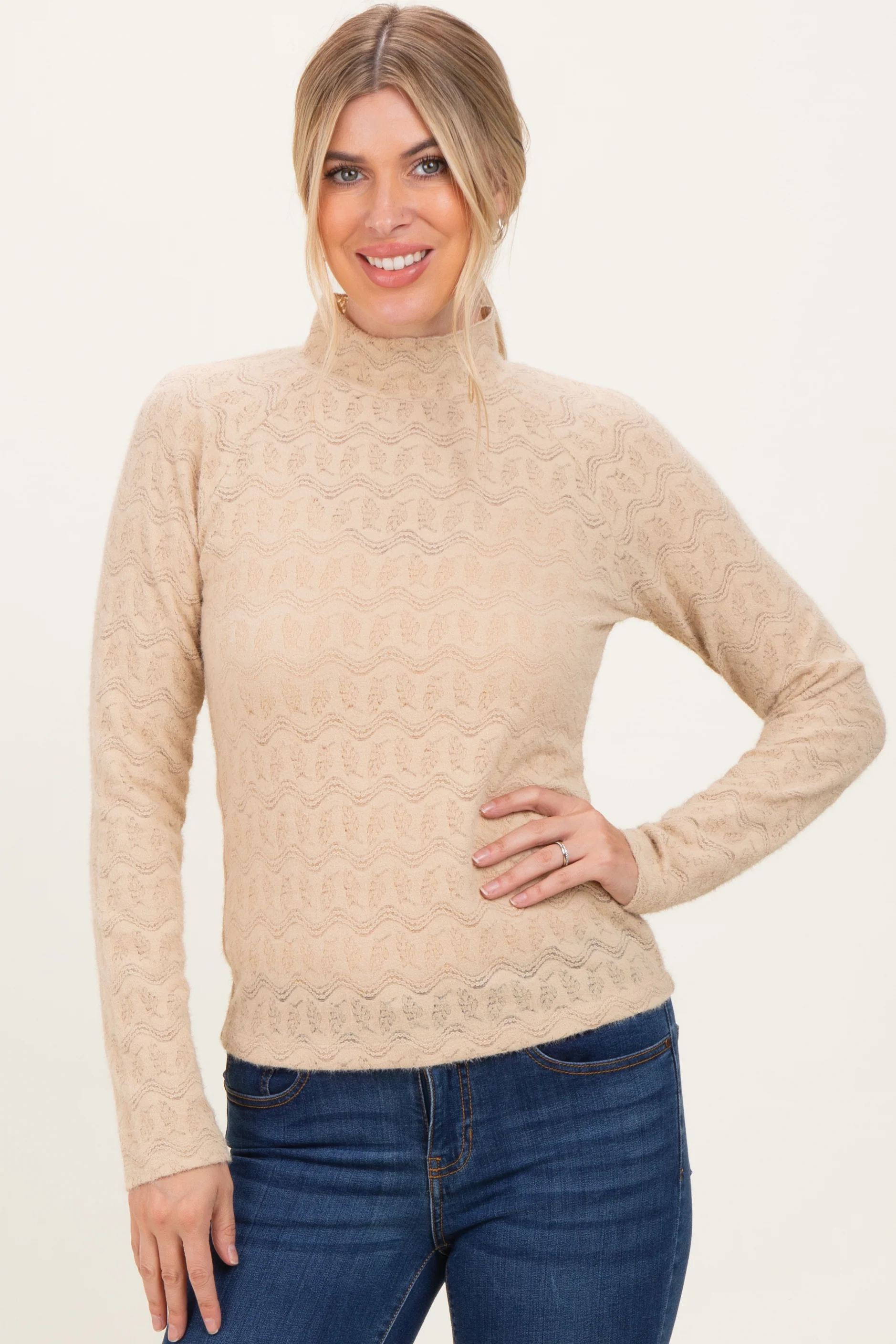 Beige Mock Neck Long Sleeve Brushed Lace Maternity Top - Image 5
