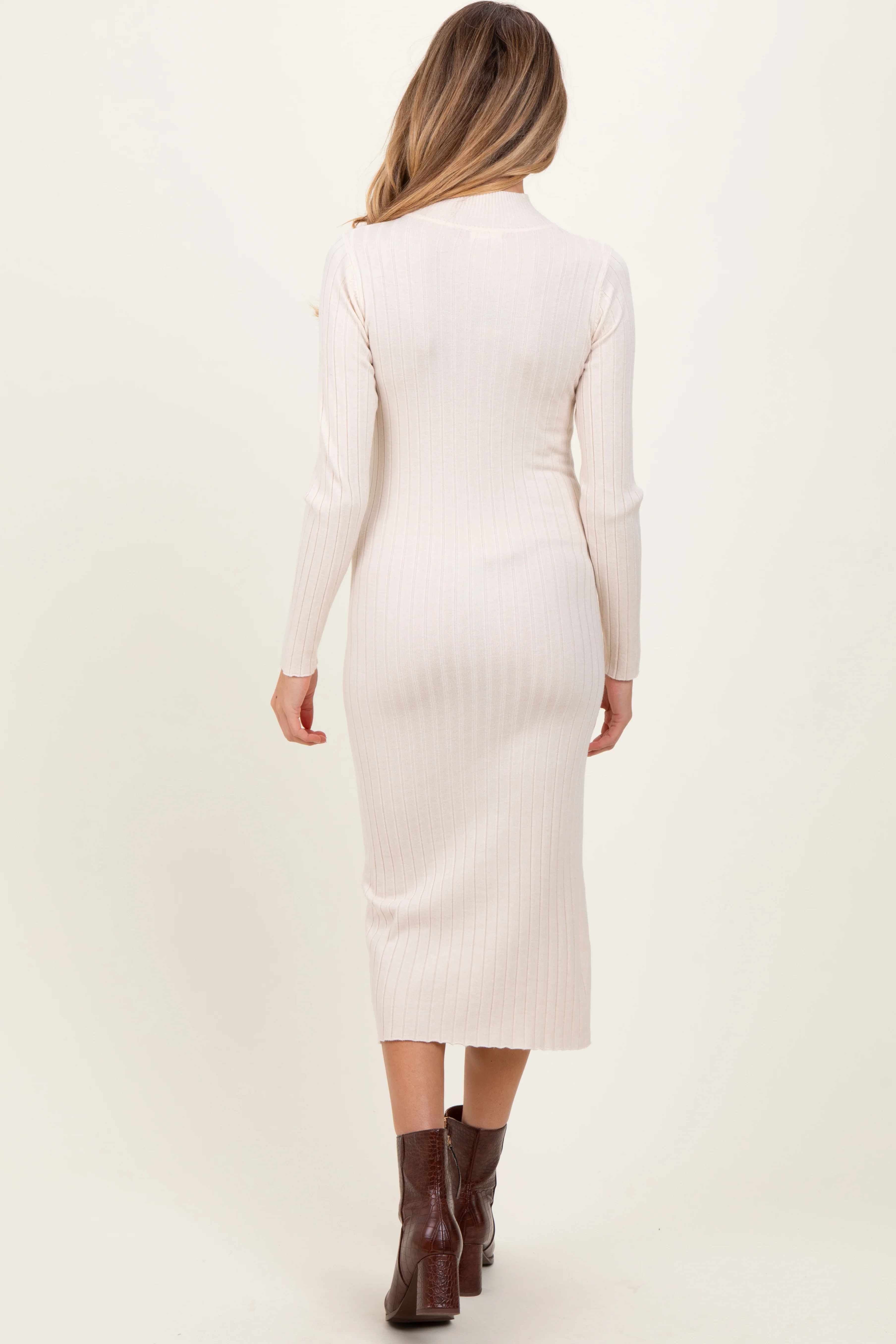 Beige Mock Neck Ribbed Maternity Sweater Dress - Image 3