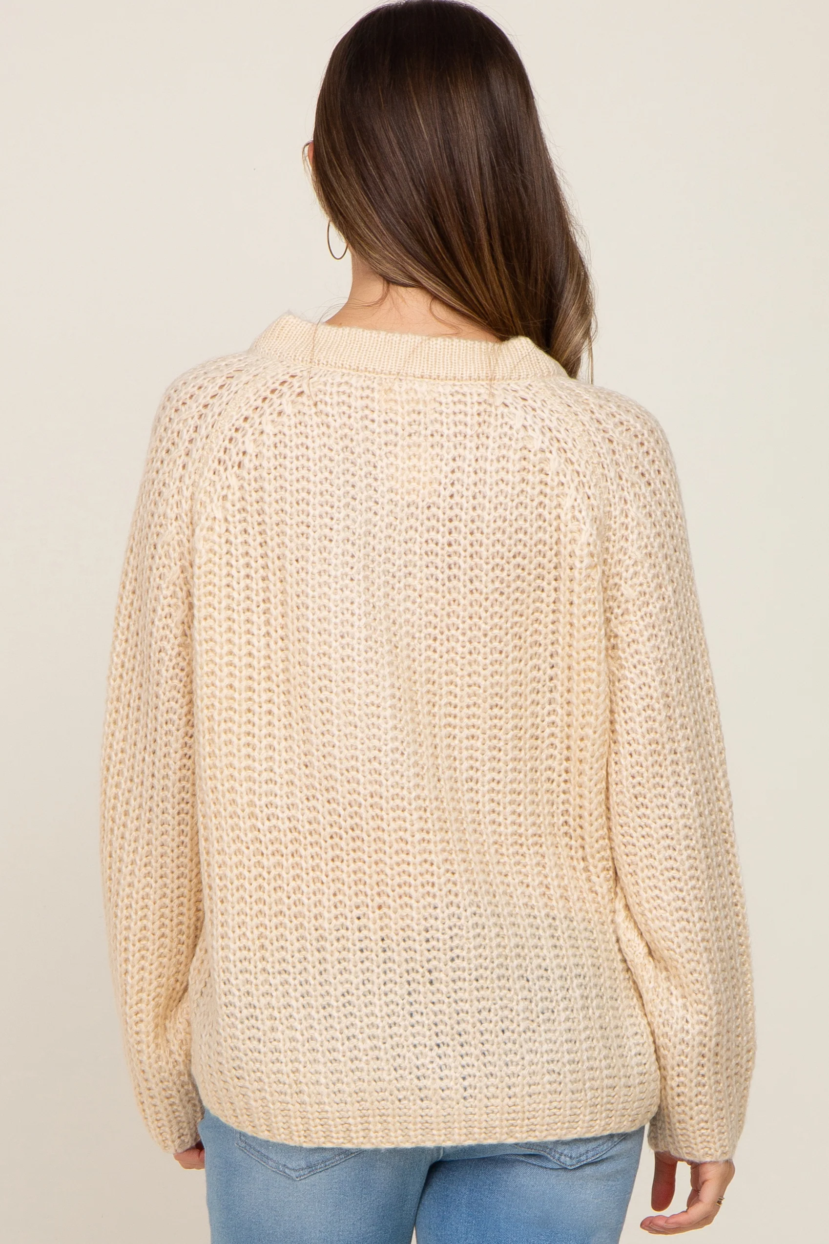 Beige Open Knit Button Front Maternity Sweater - Image 3
