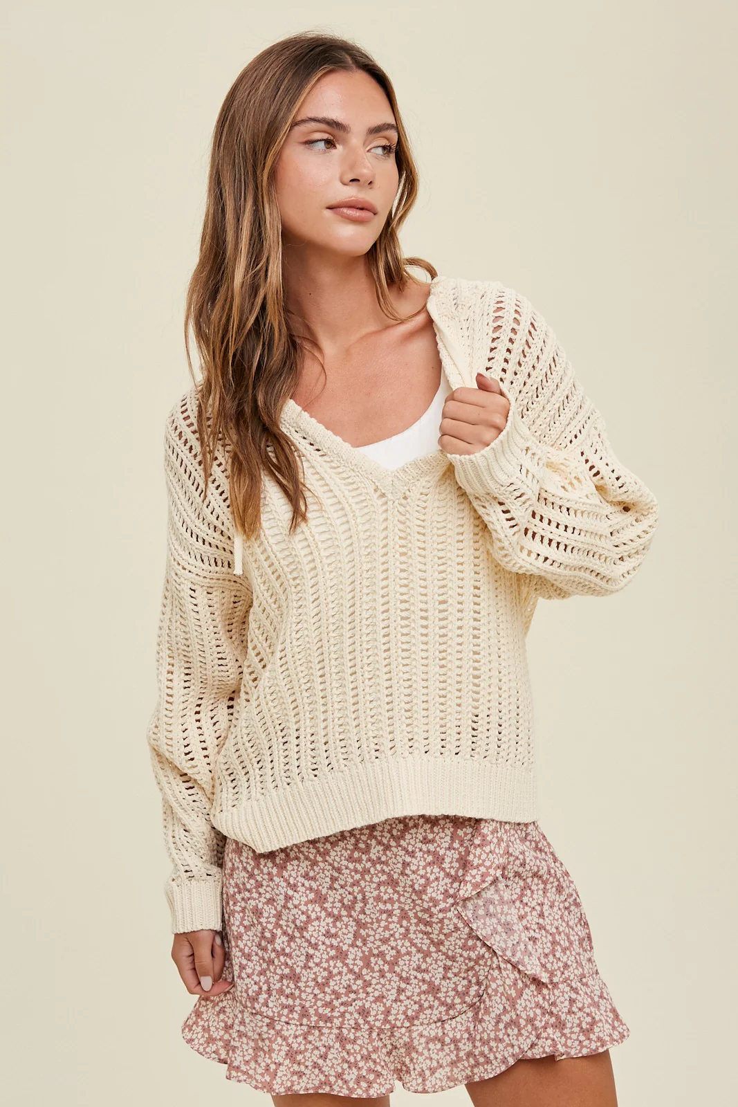 Beige Open Knit Maternity Hooded Sweater - Image 4