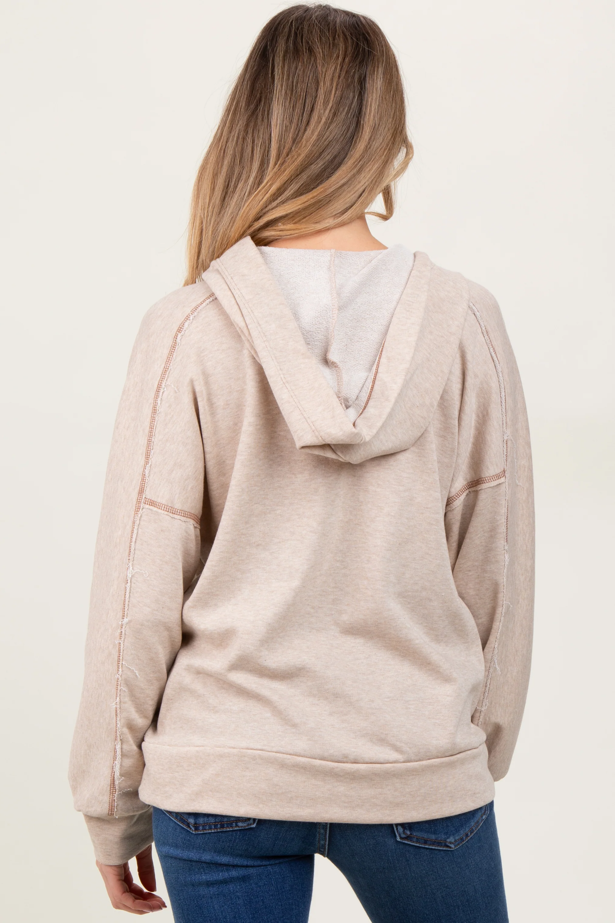 Beige Oversized Raw Hem Maternity Hoodie - Image 4