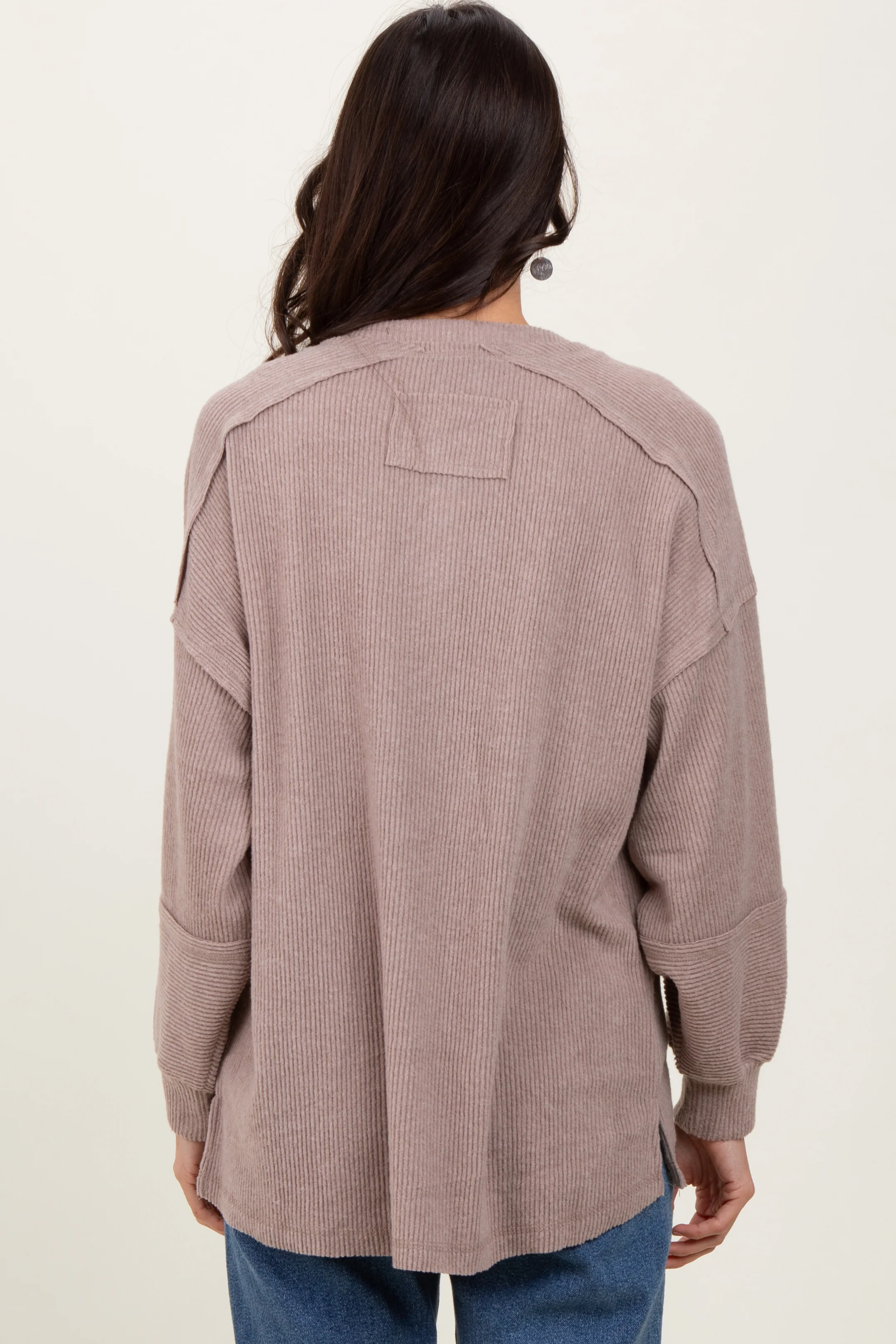 Beige Oversized Ribbed Knit Henley Sweater - Image 4