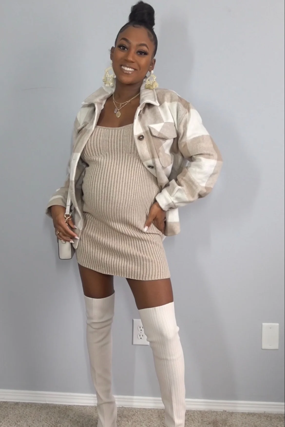 Beige Plaid Knit Maternity Shirt Jacket - Image 19