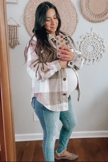 Beige Plaid Knit Maternity Shirt Jacket - Image 20