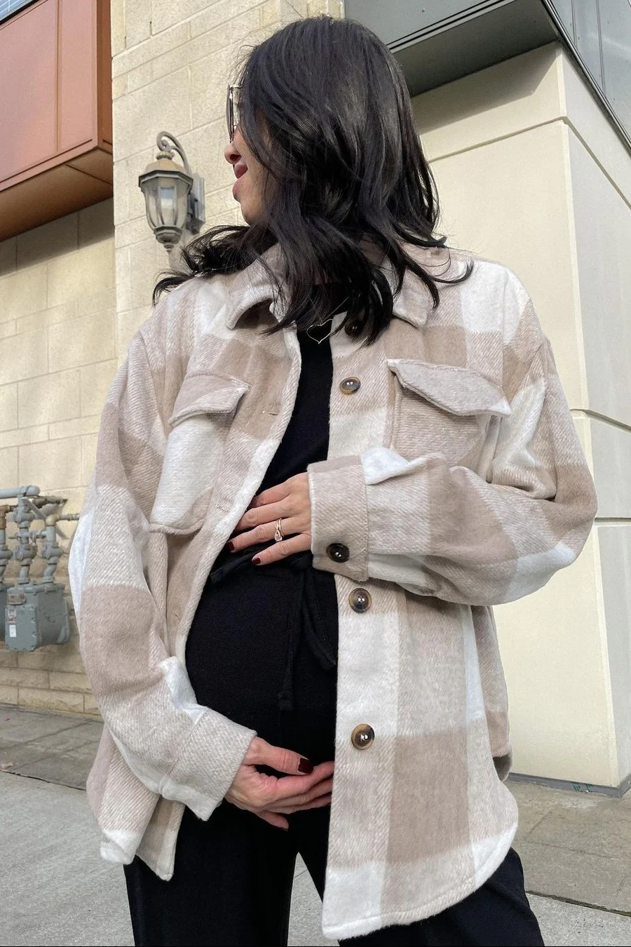 Beige Plaid Knit Maternity Shirt Jacket - Image 6
