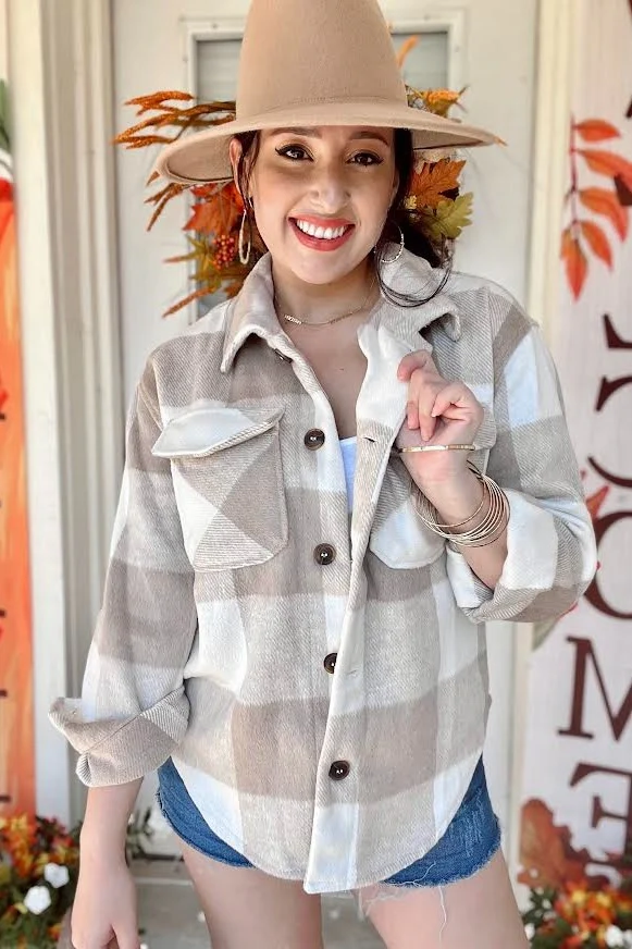 Beige Plaid Knit Shirt Jacket - Image 29