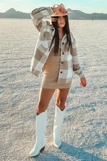 Beige Plaid Knit Shirt Jacket - Image 3