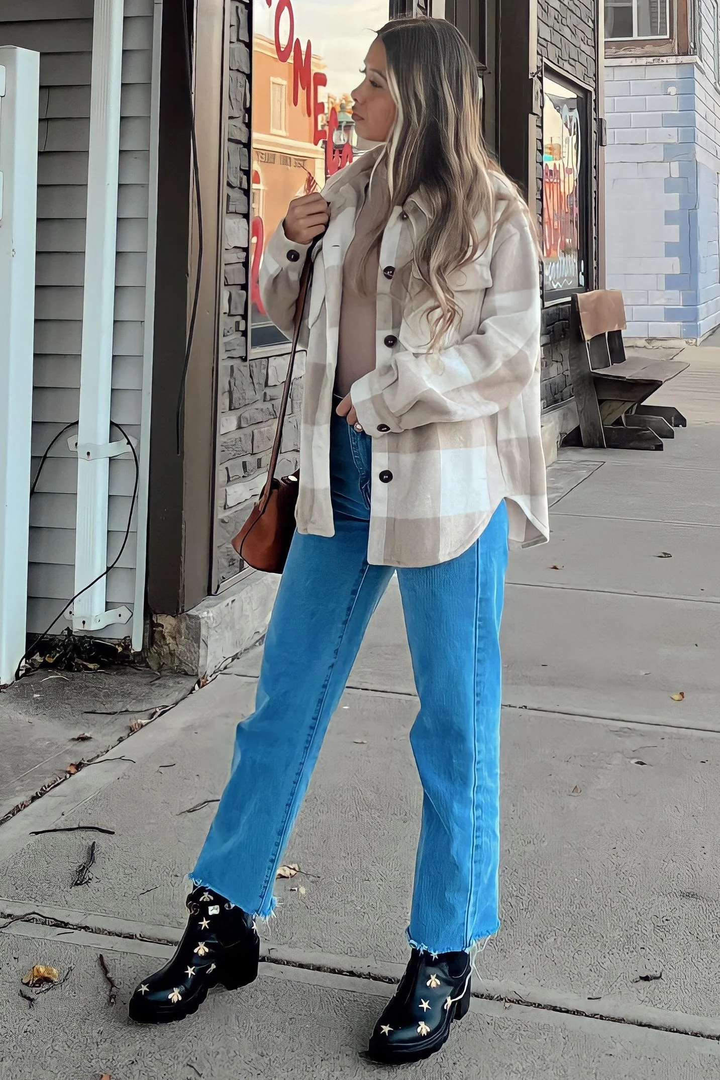 Beige Plaid Knit Shirt Jacket - Image 35
