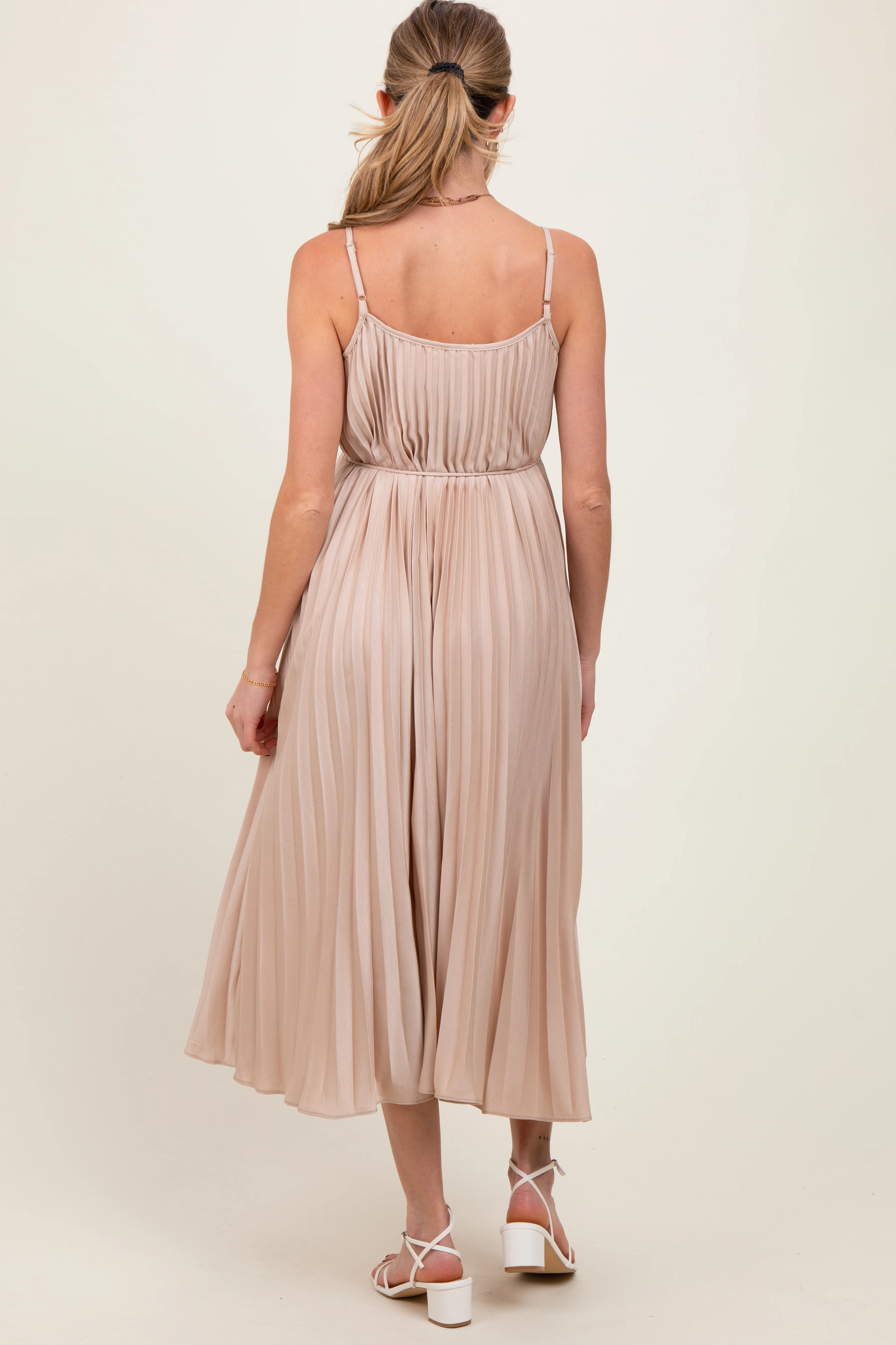 Beige Pleated Sash Tie Maternity Midi Dress - Image 4