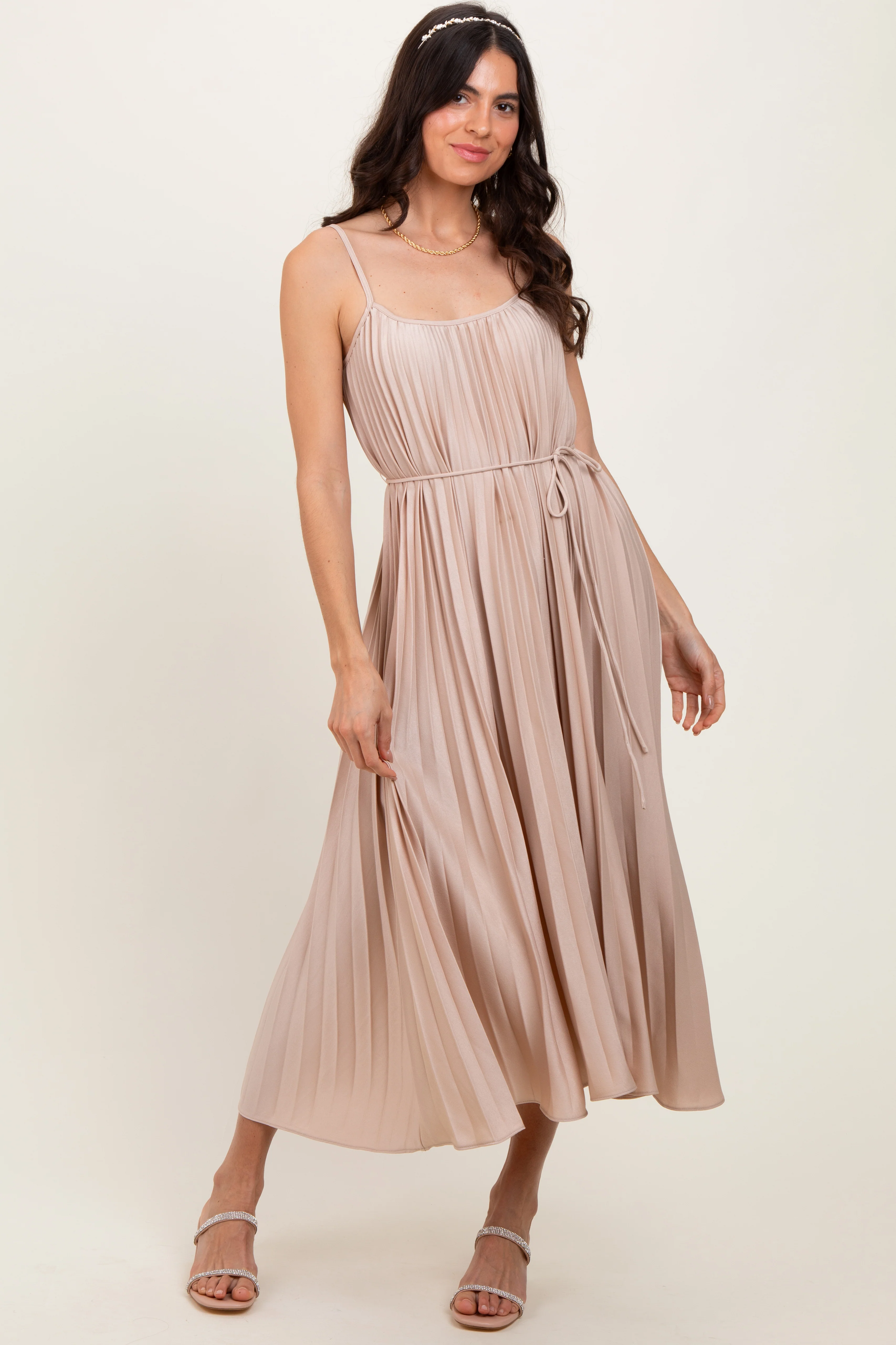 Beige Pleated Sash Tie Maternity Midi Dress - Image 5