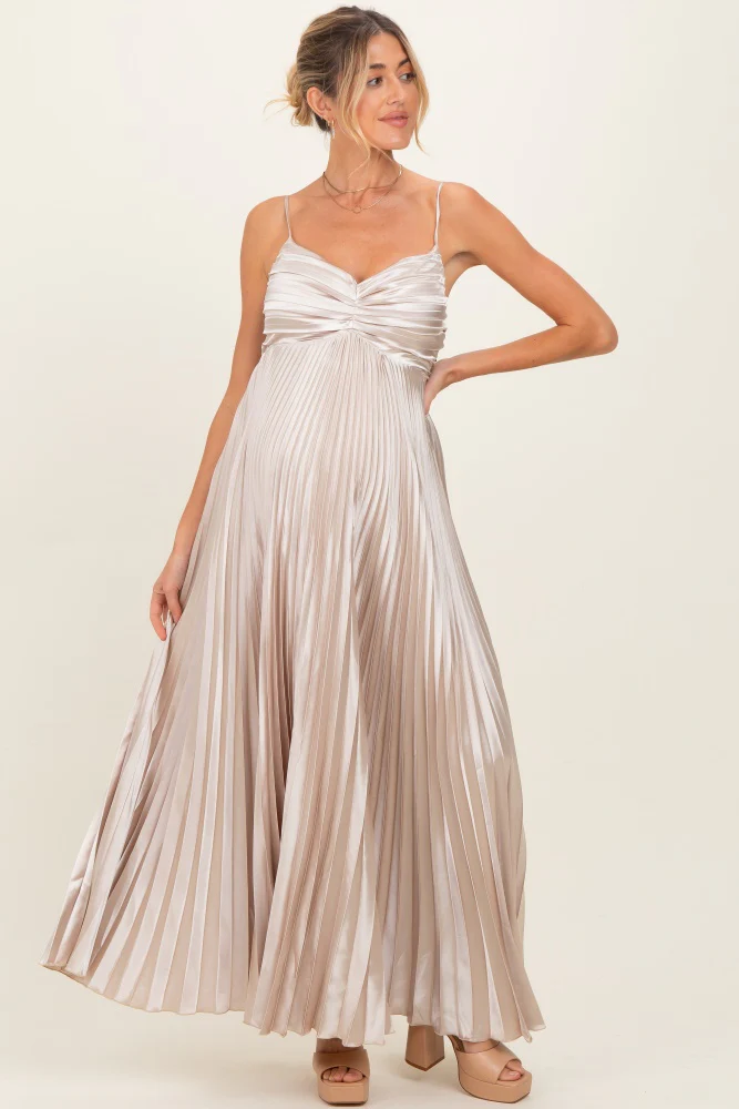 Beige Pleated Satin Sleeveless Maternity Maxi Dress - Image 2