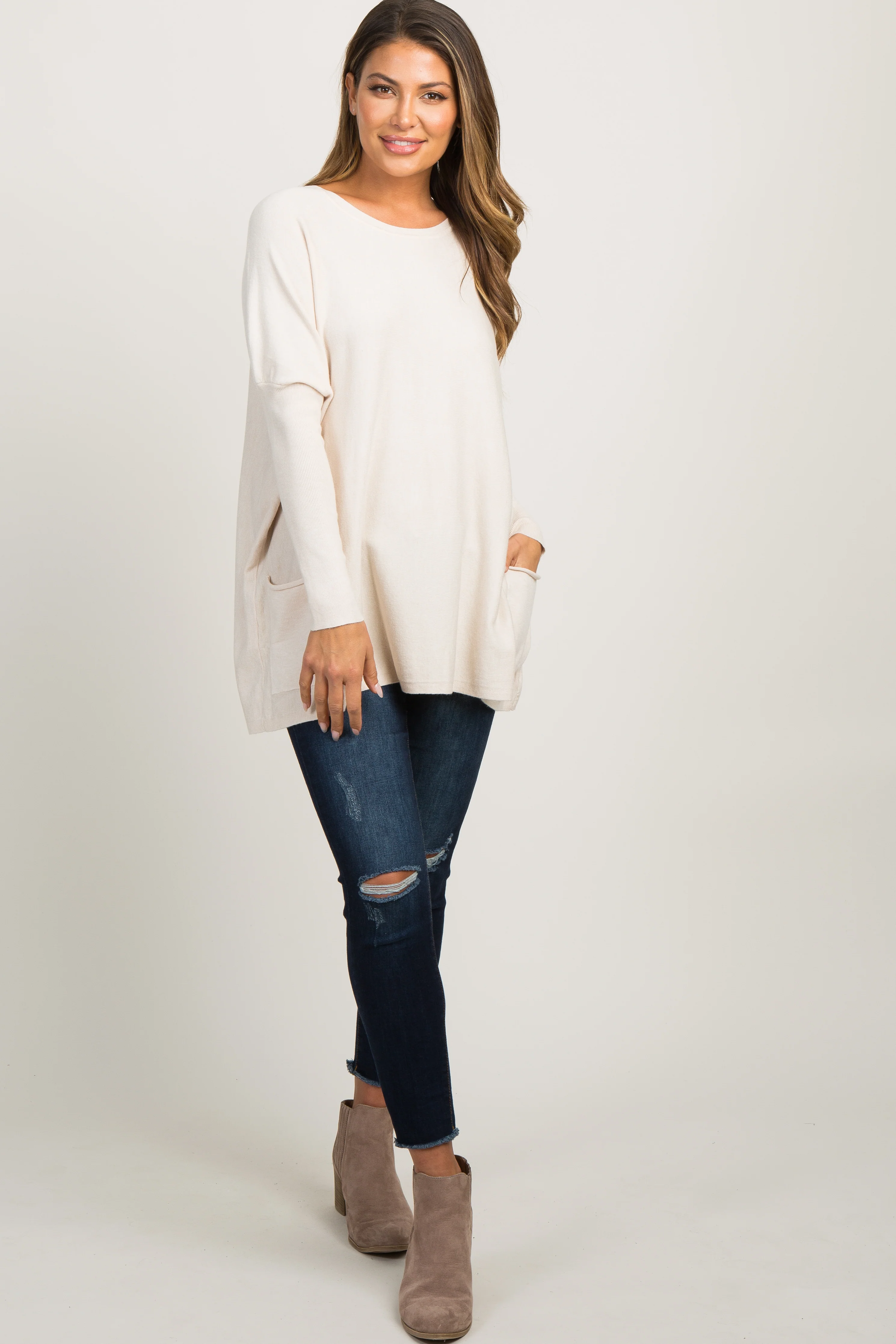 Beige Pocketed Dolman Sleeve Top - Image 2